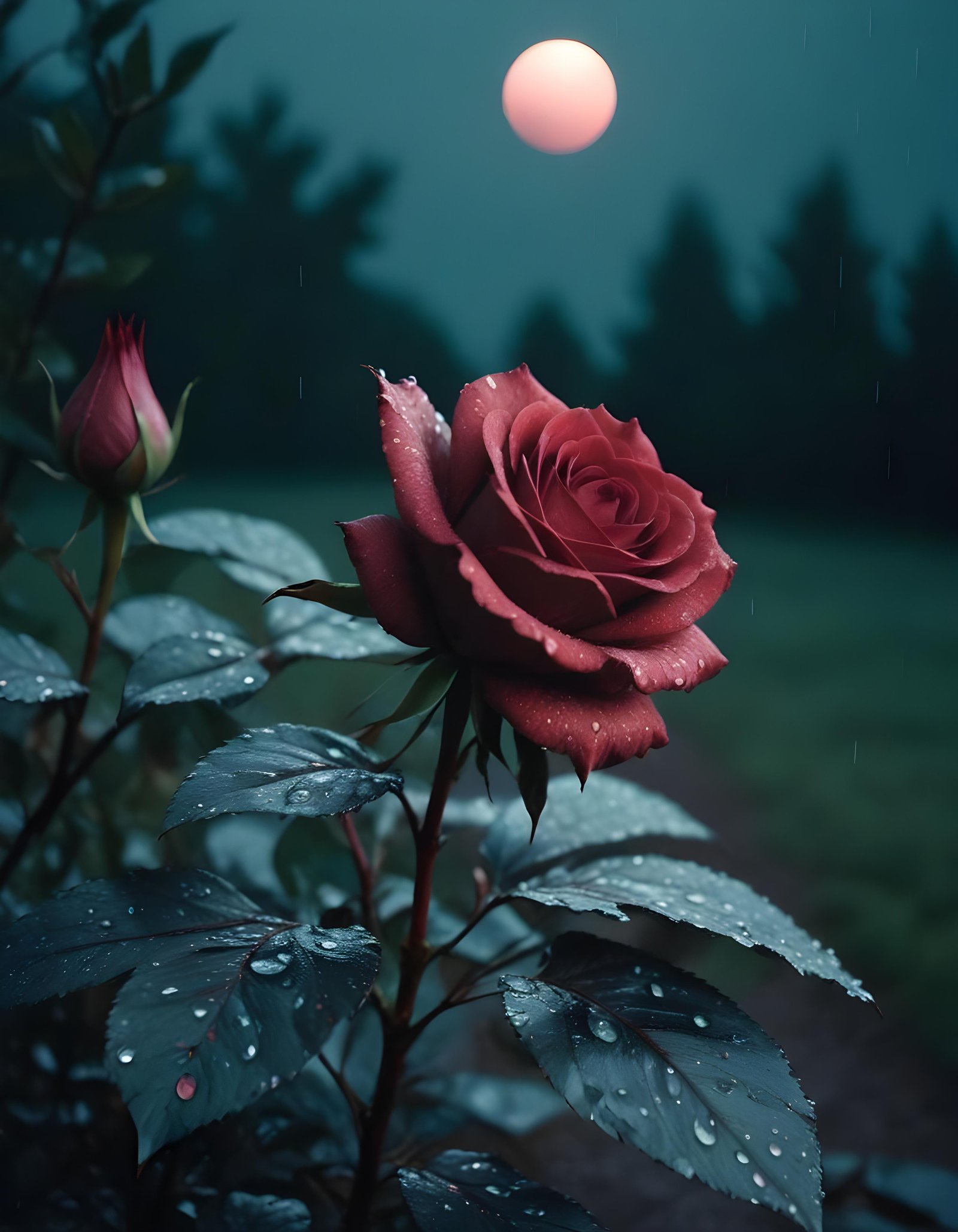Romantic Rose Flower Under Moonlight with Dreamy Night Garden Background