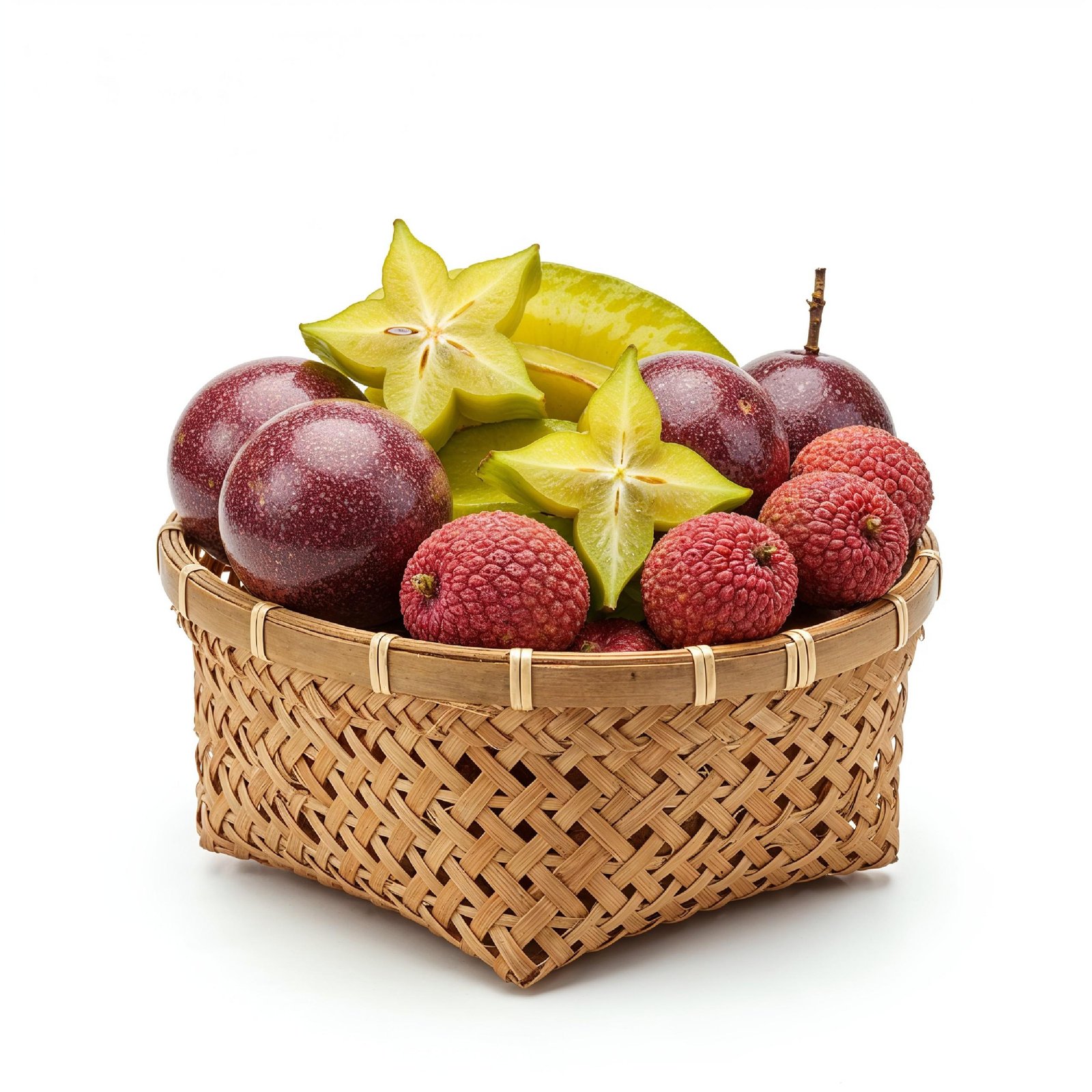 Exotic Tropical Fruits in Bamboo Basket Isolated on White Background, Healthy Organic Food