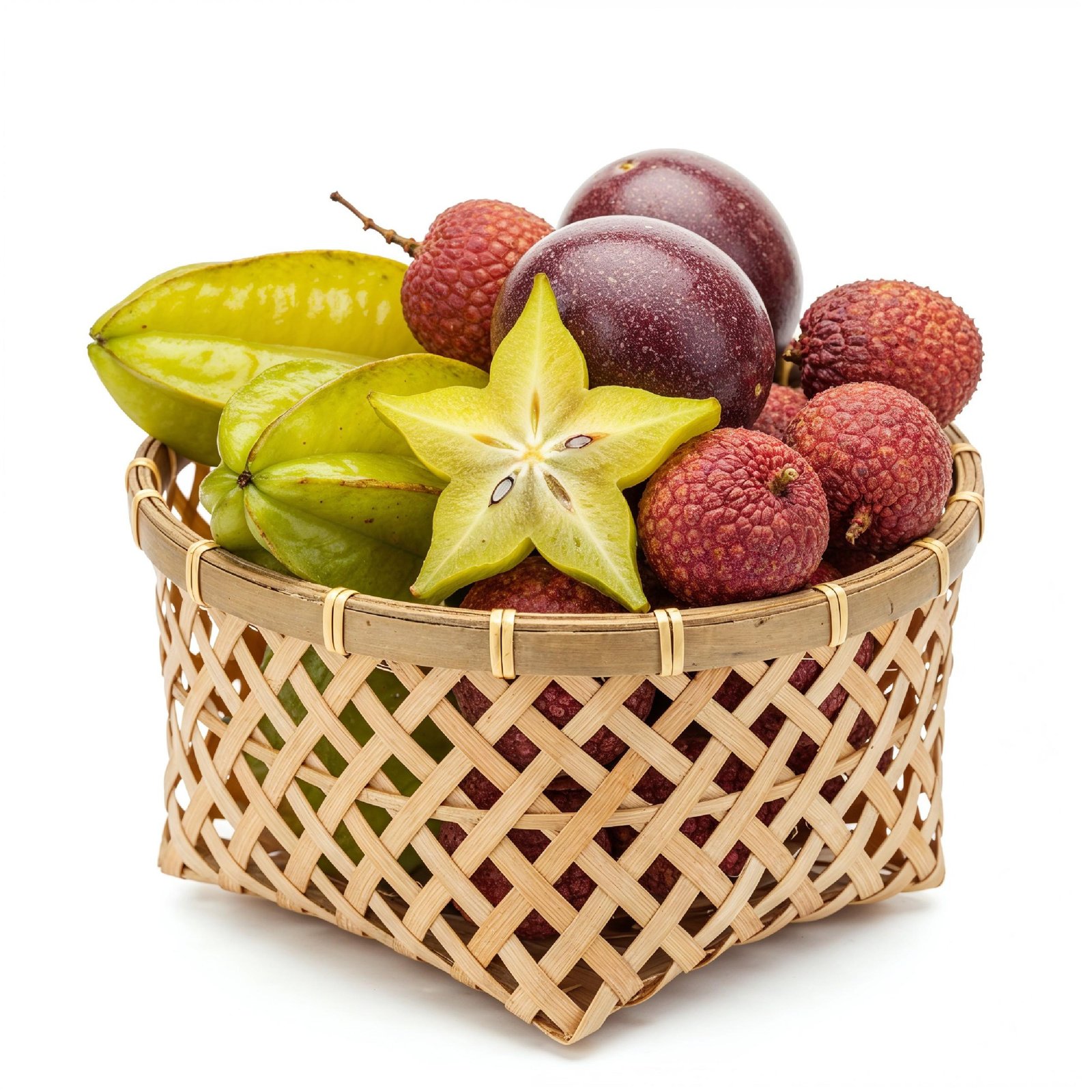 Exotic Tropical Fruits in Bamboo Basket Isolated on White Background, Healthy Organic Food