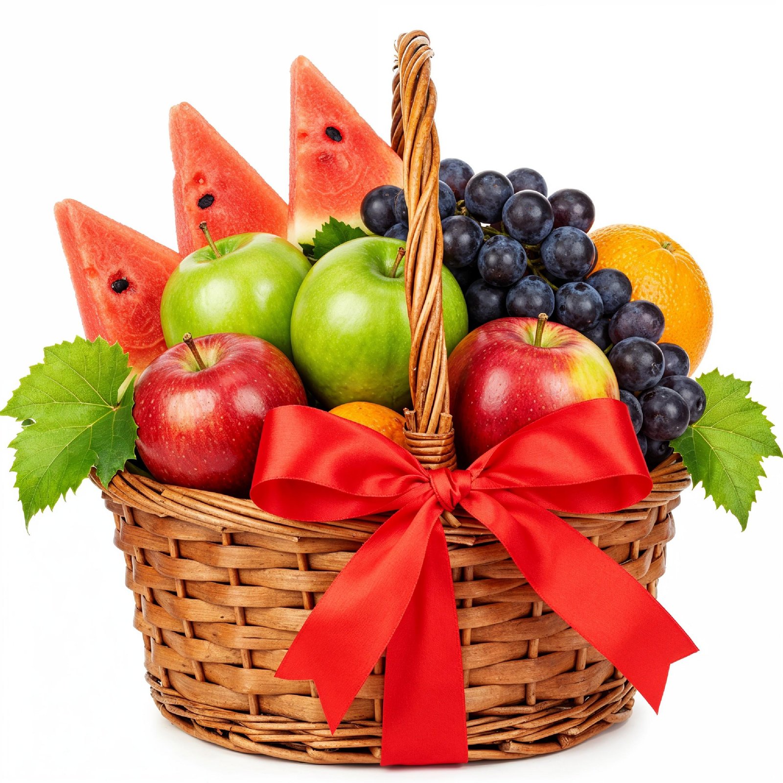 Festive Fruit Gift Basket with Red Ribbon Isolated on White Background, Healthy Food Present