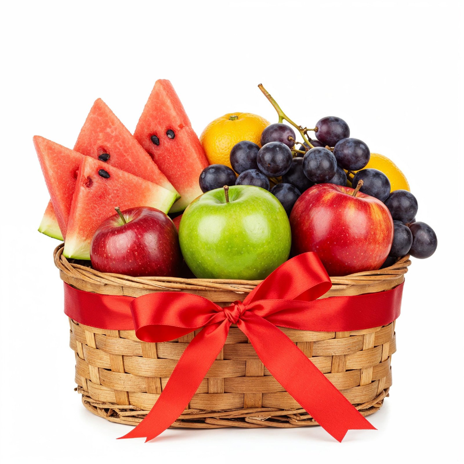 Festive Fruit Gift Basket with Red Ribbon Isolated on White Background, Healthy Food Present