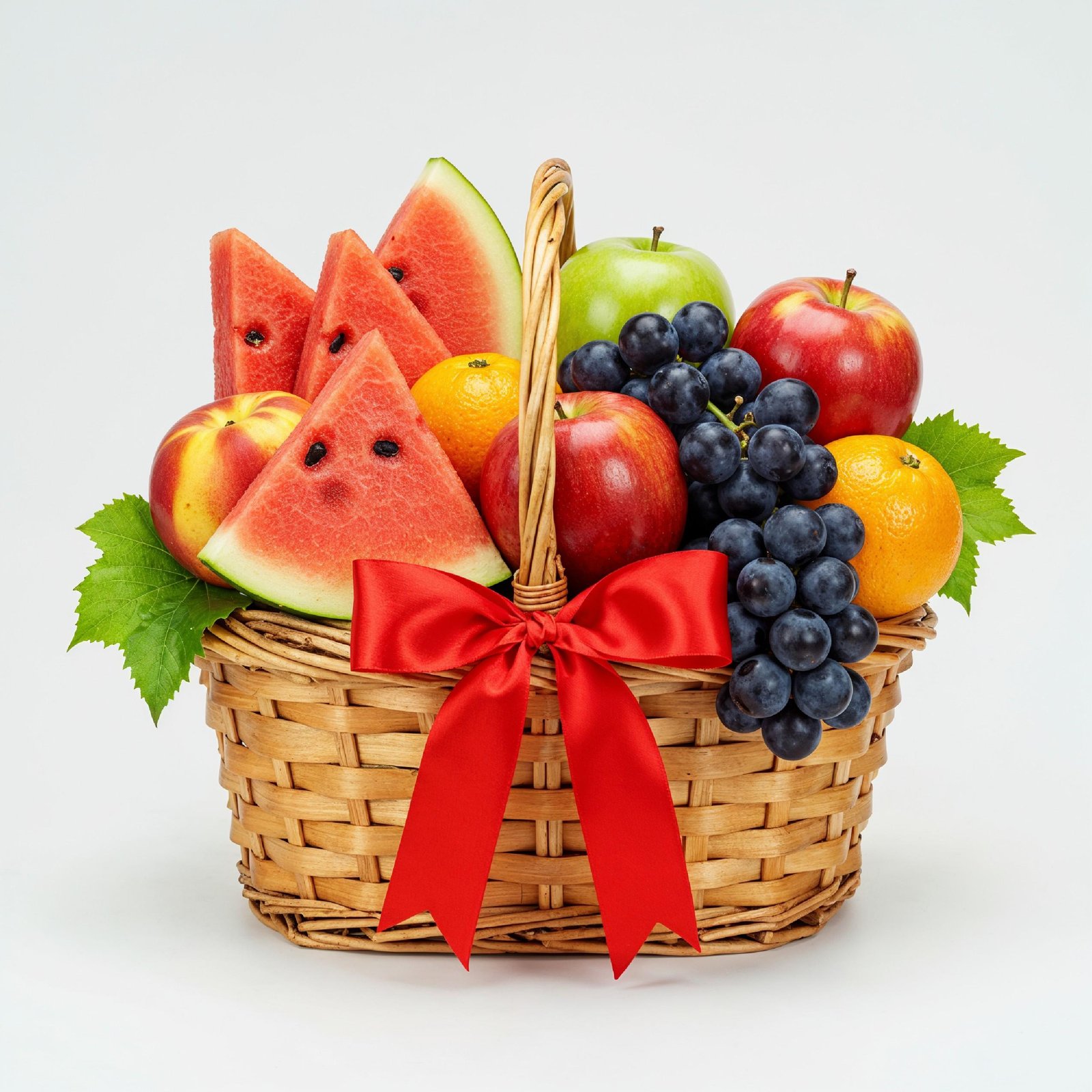 Festive Fruit Gift Basket with Red Ribbon Isolated on White Background, Healthy Food Present