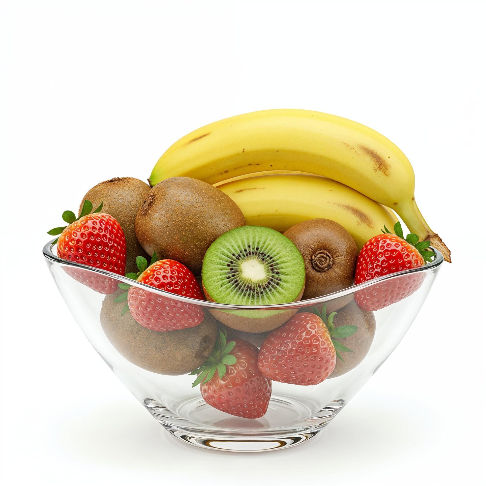 Fresh Fruit Arrangement in Glass Bowl with Bananas, Kiwi and Strawberries on White Background