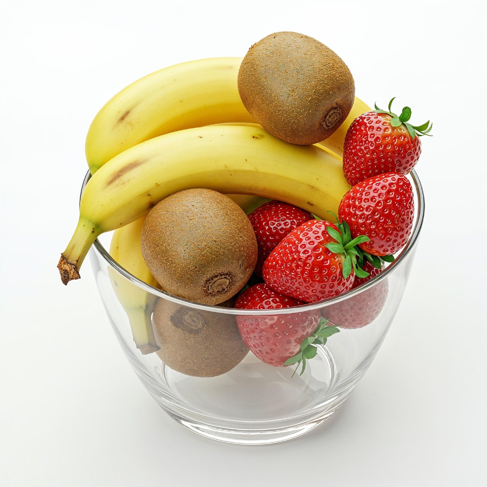 Fresh Fruit Arrangement in Glass Bowl with Bananas, Kiwi and Strawberries on White Background