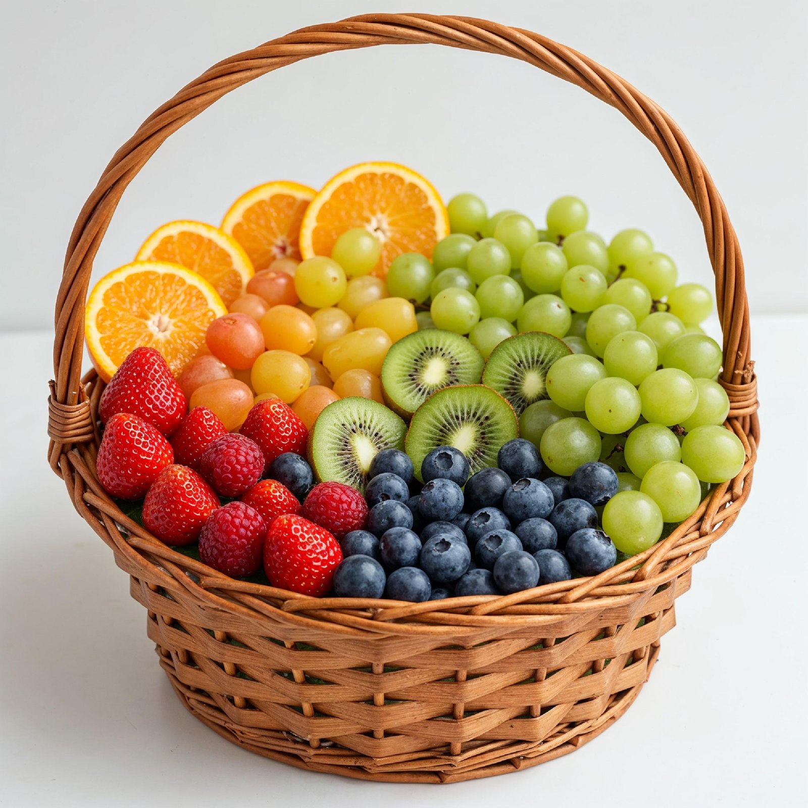 Fresh Mixed Seasonal Fruits in Wicker Basket Isolated on White Background, Healthy Food Concept
