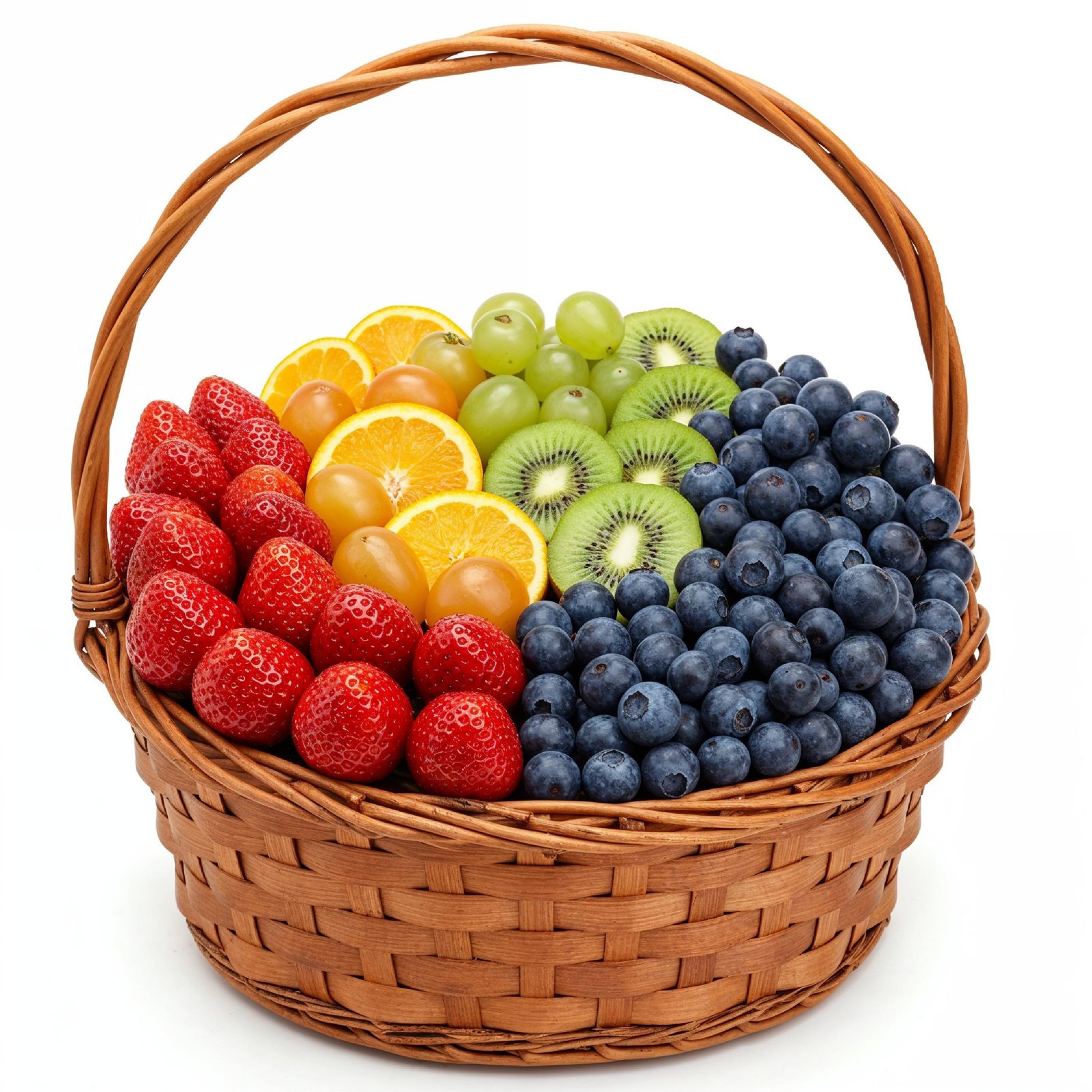 Fresh Mixed Seasonal Fruits in Wicker Basket Isolated on White Background, Healthy Food Concept