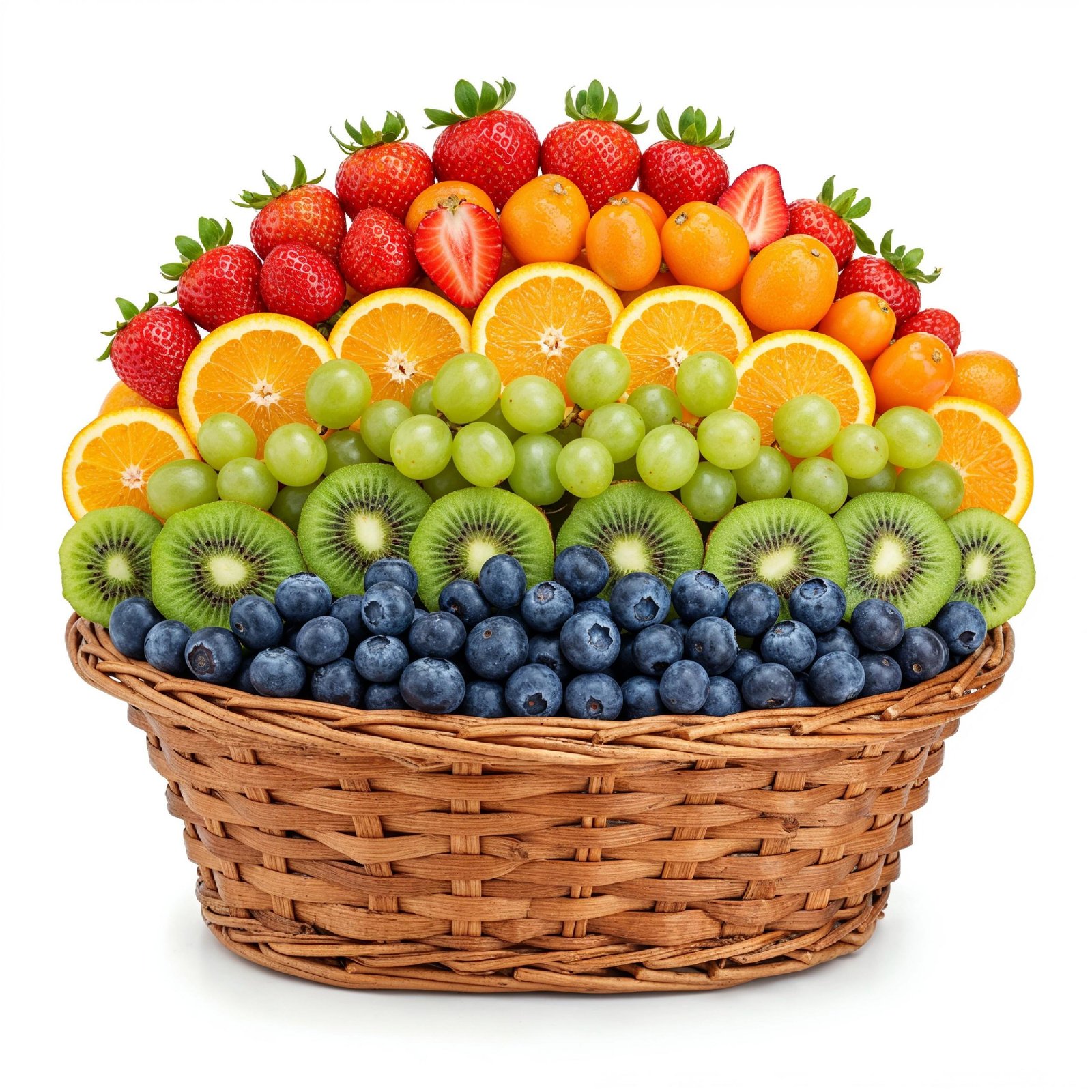 Fresh Mixed Seasonal Fruits in Wicker Basket Isolated on White Background, Healthy Food Concept