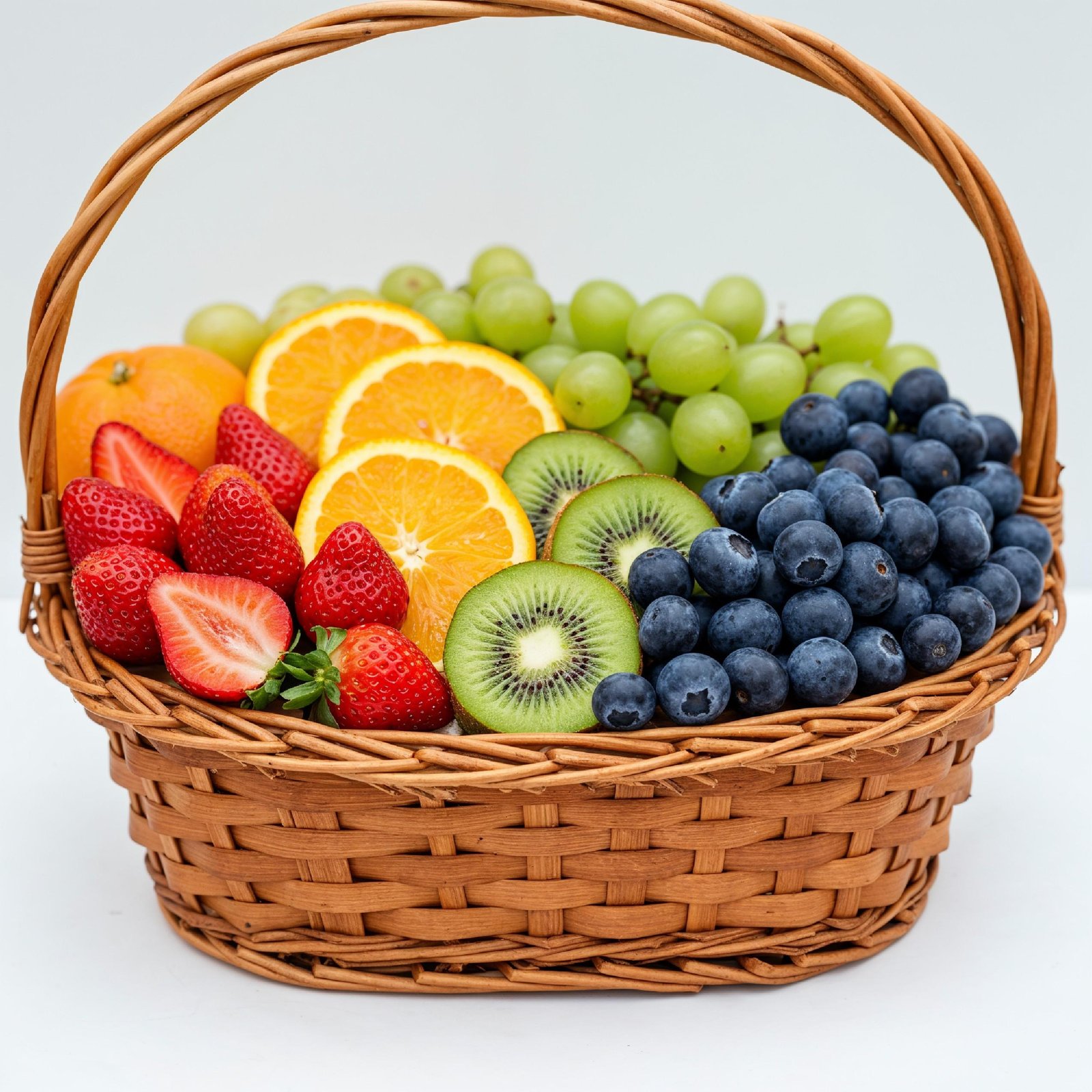 Fresh Mixed Seasonal Fruits in Wicker Basket Isolated on White Background, Healthy Food Concept