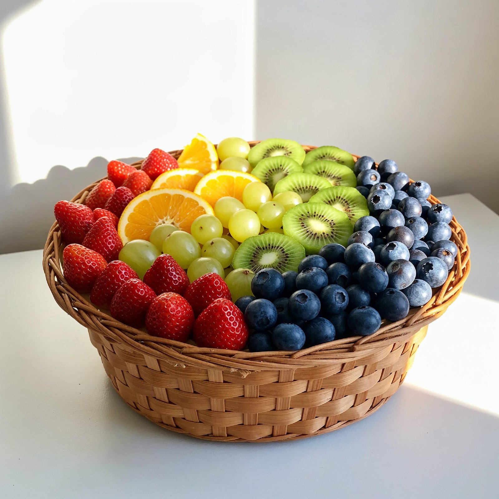 Fresh Mixed Seasonal Fruits in Wicker Basket Isolated on White Background, Healthy Food Concept