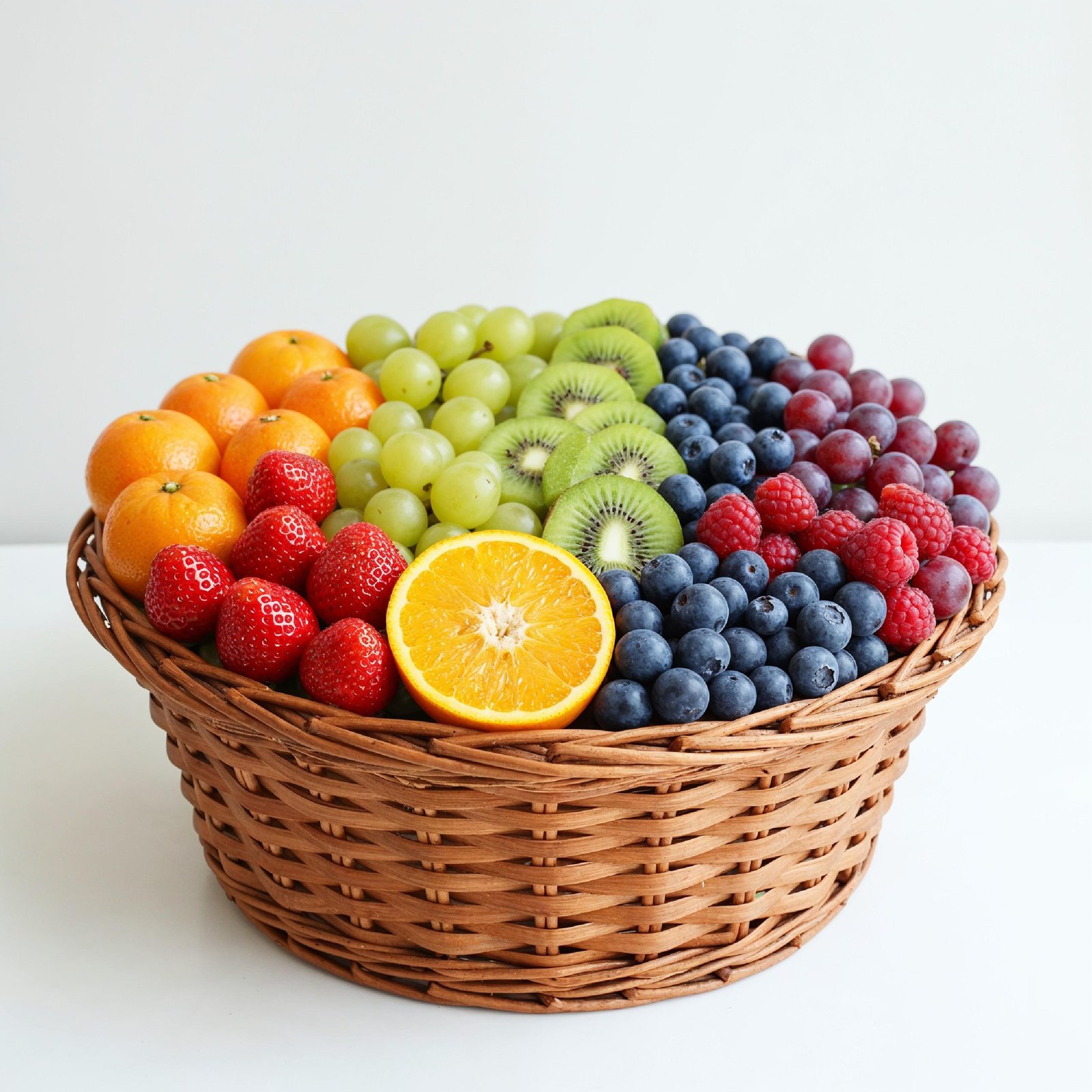 Fresh Mixed Seasonal Fruits in Wicker Basket Isolated on White Background, Healthy Food Concept