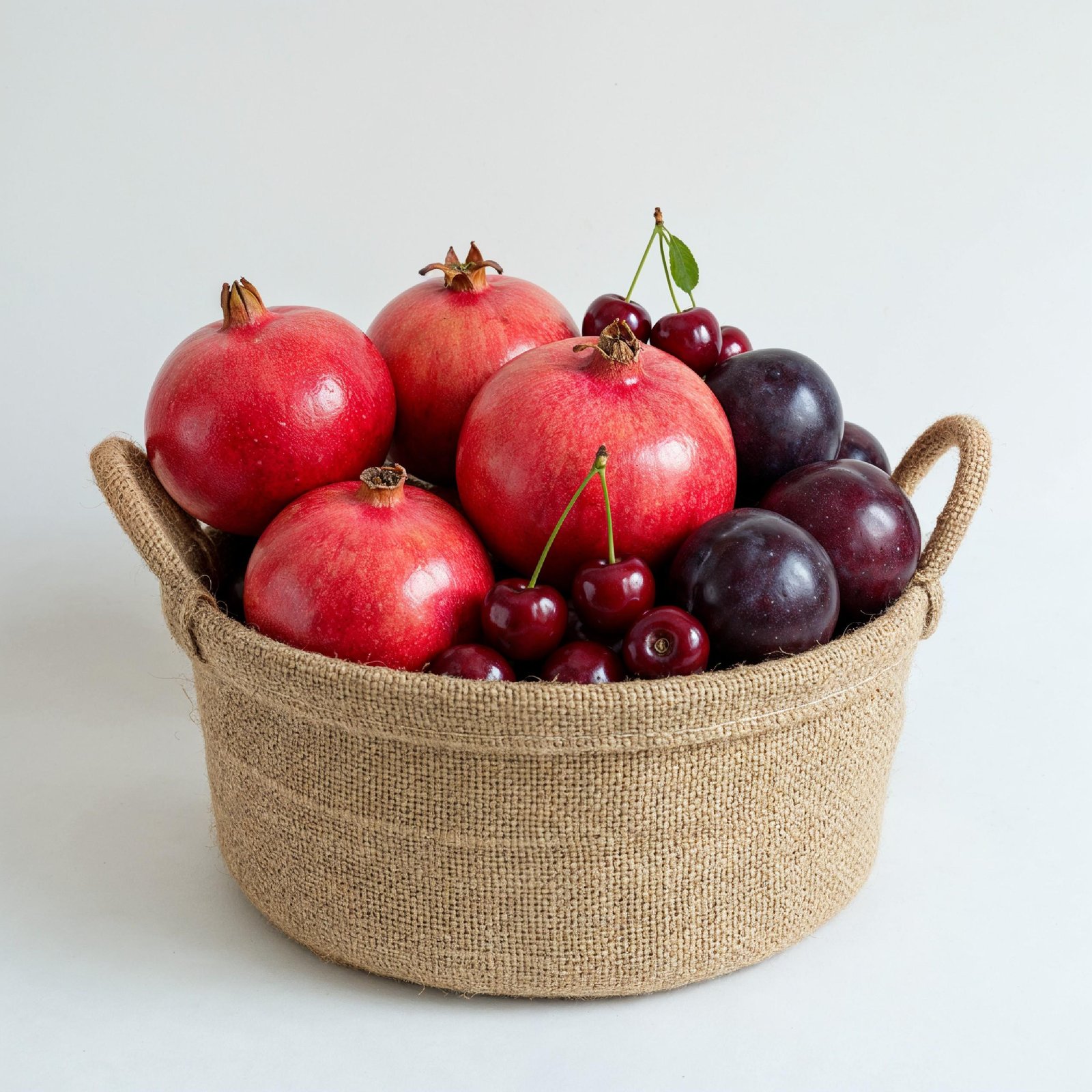 Fresh Pomegranates and Plums in Rustic Jute Basket Isolated on White Background