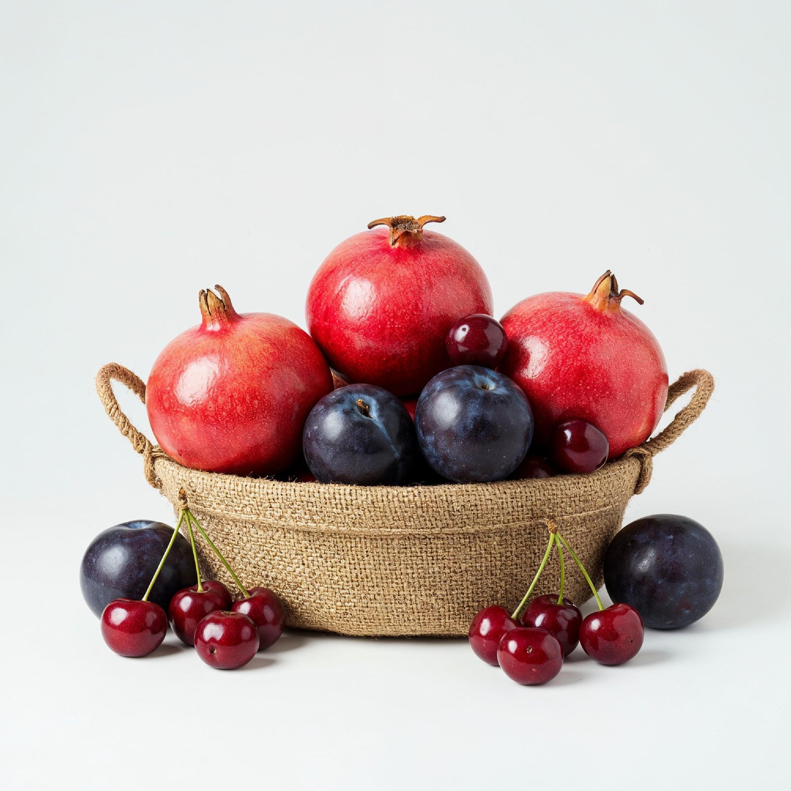 Fresh Pomegranates and Plums in Rustic Jute Basket Isolated on White Background