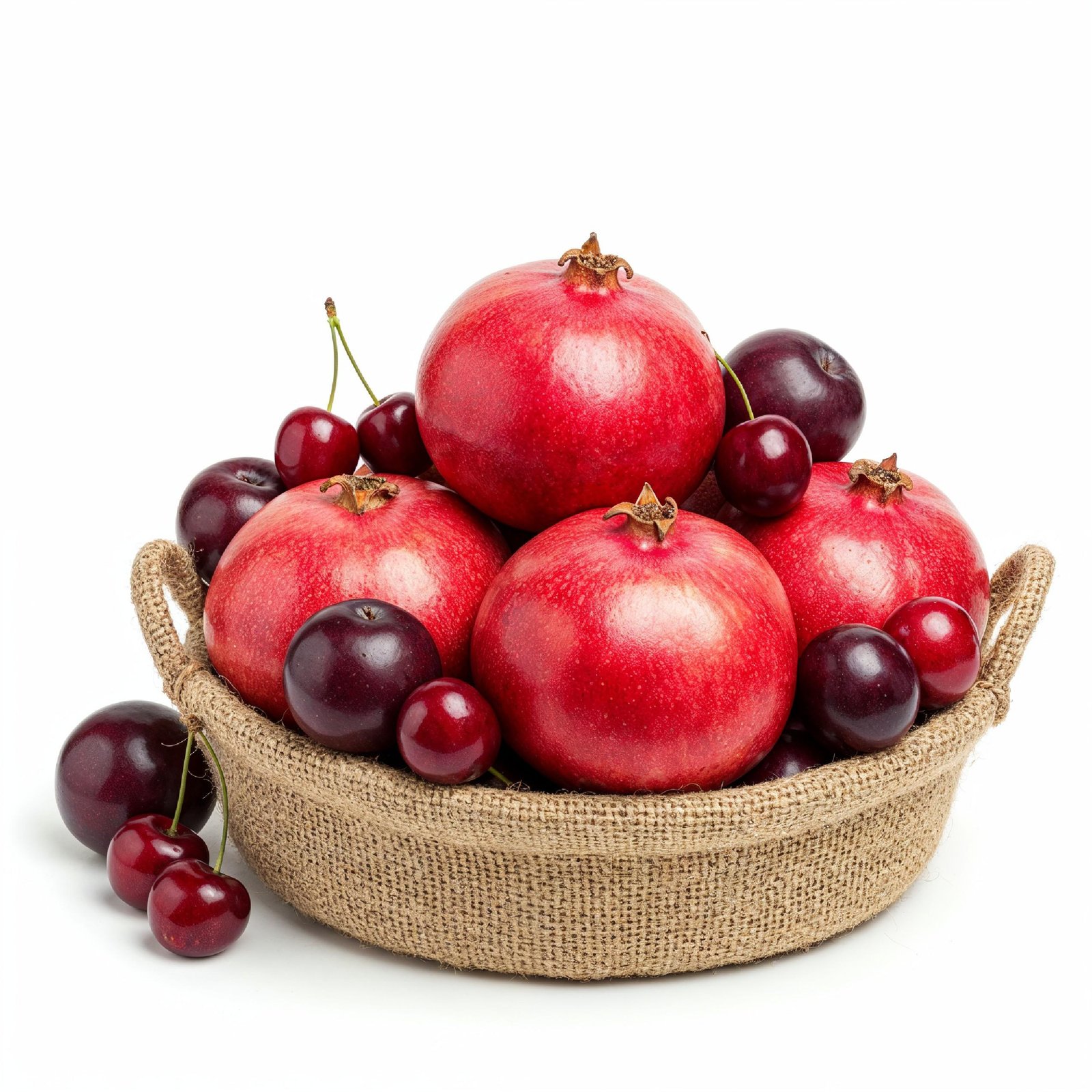 Fresh Pomegranates and Plums in Rustic Jute Basket Isolated on White Background