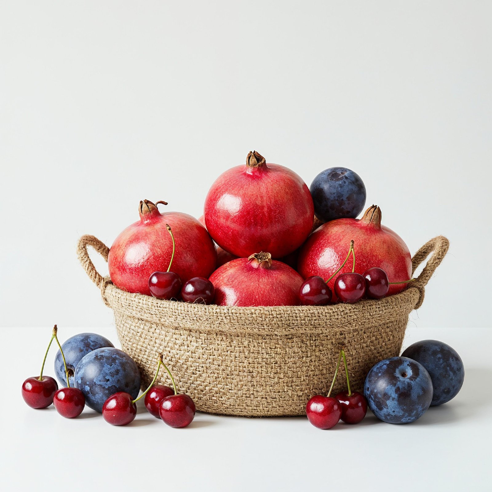 Fresh Pomegranates and Plums in Rustic Jute Basket Isolated on White Background
