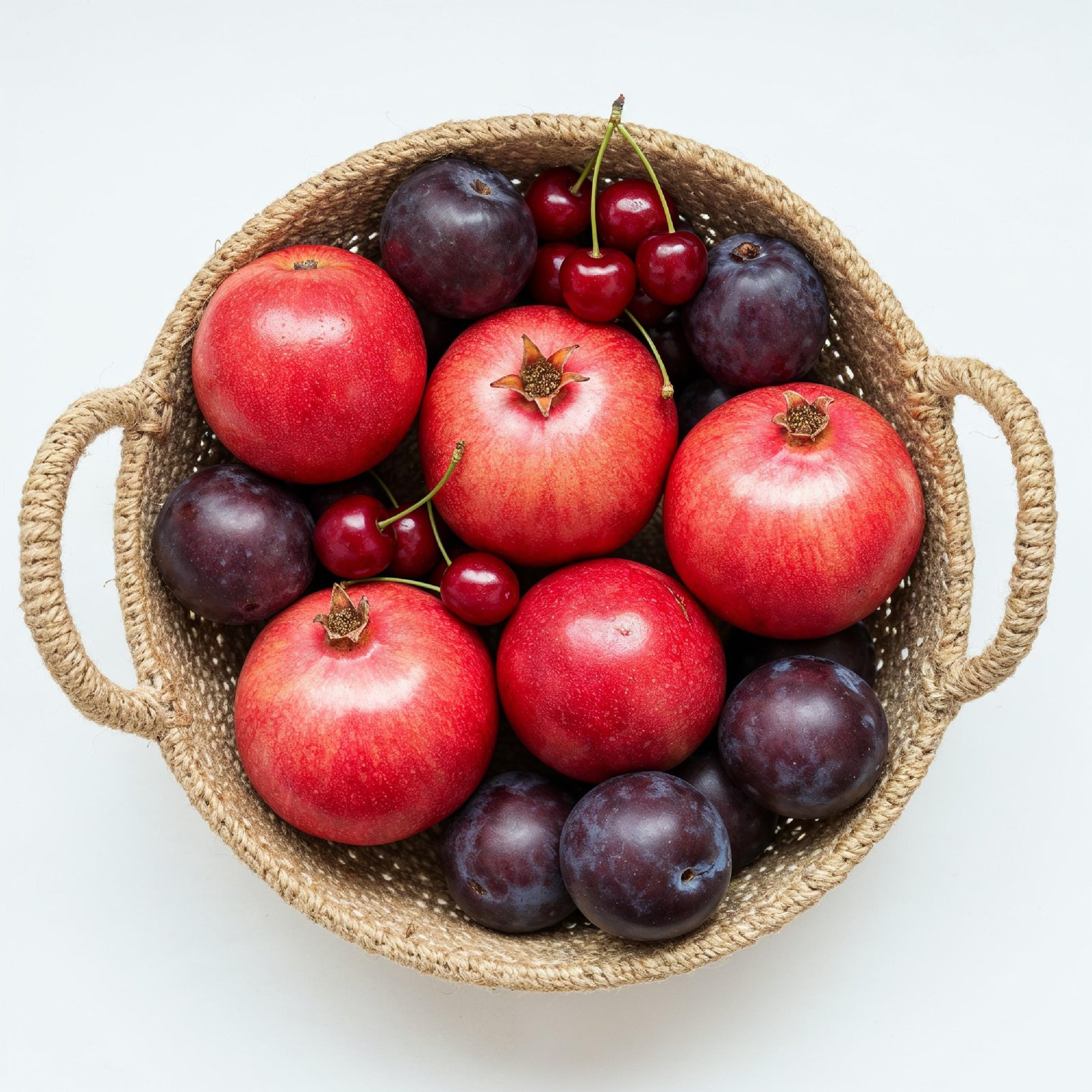 Fresh Pomegranates and Plums in Rustic Jute Basket Isolated on White Background