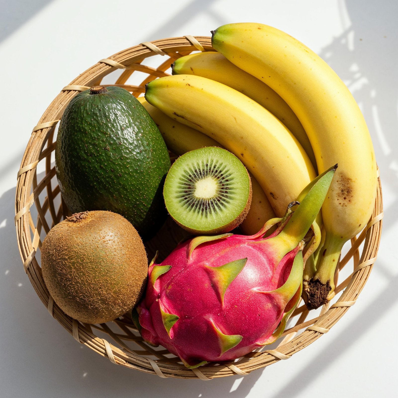Healthy Tropical Fruit Basket with Bananas and Dragon Fruit on White Background