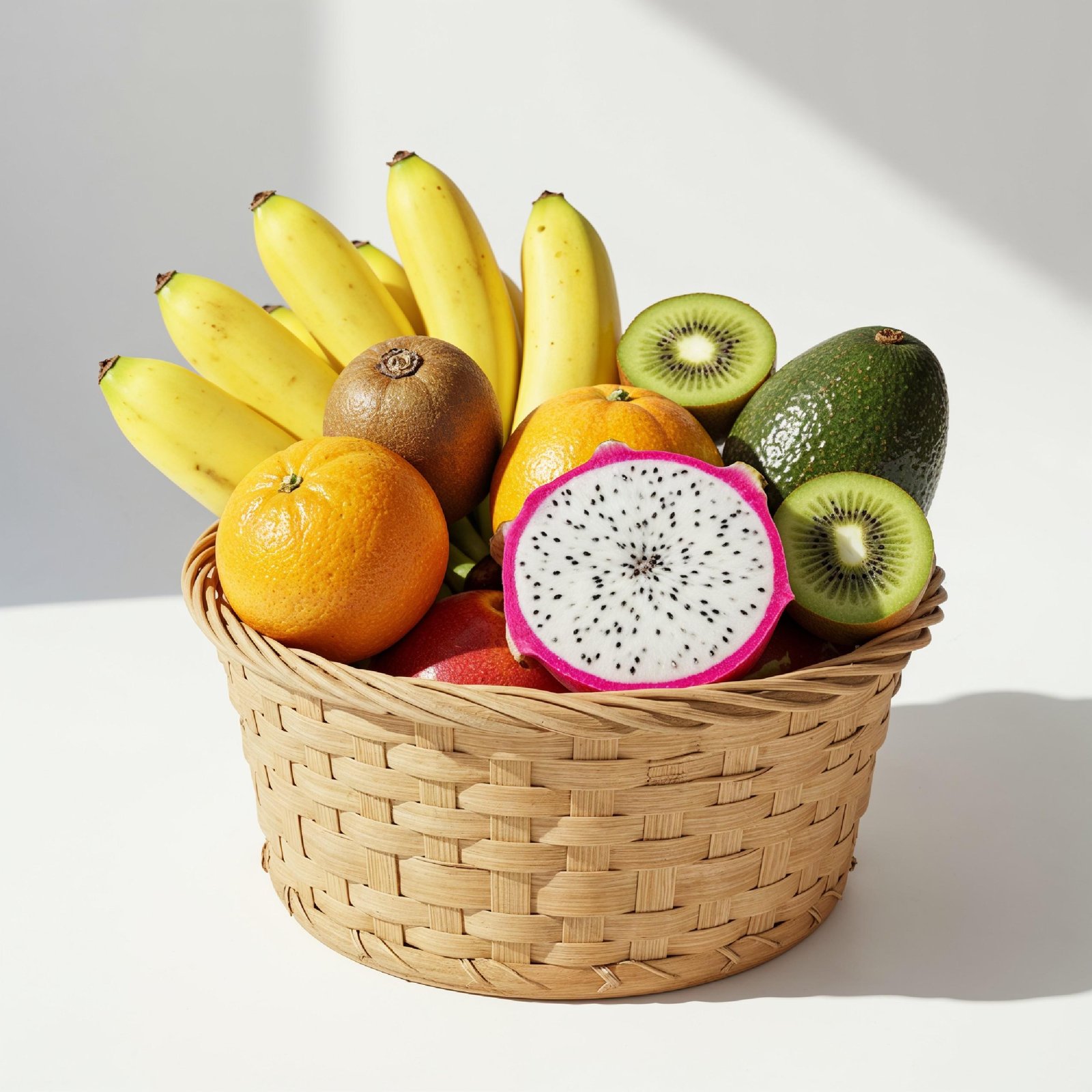 Healthy Tropical Fruit Basket with Bananas and Dragon Fruit on White Background
