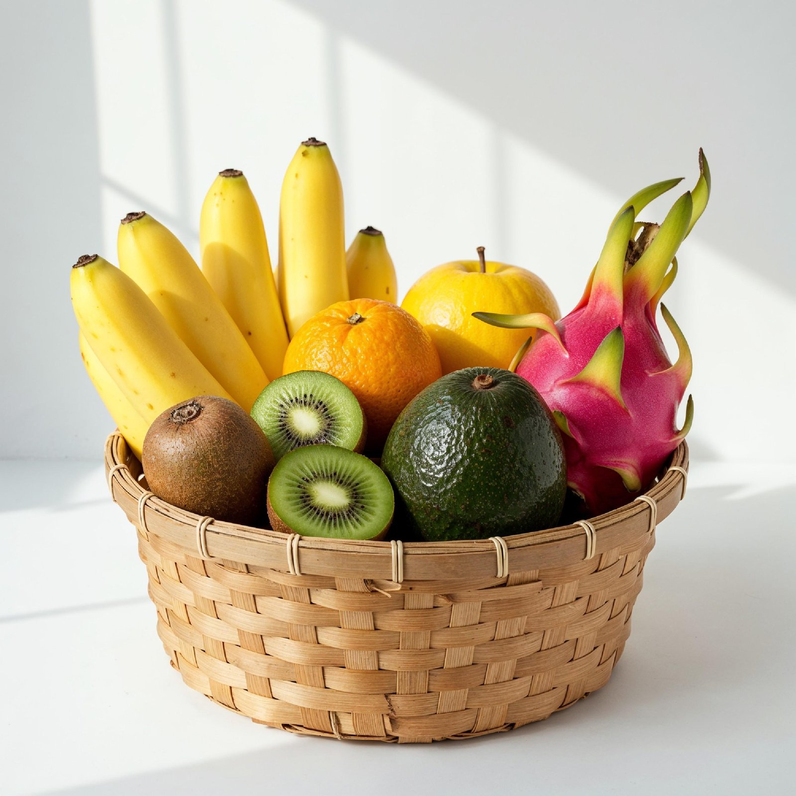 Healthy Tropical Fruit Basket with Bananas and Dragon Fruit on White Background