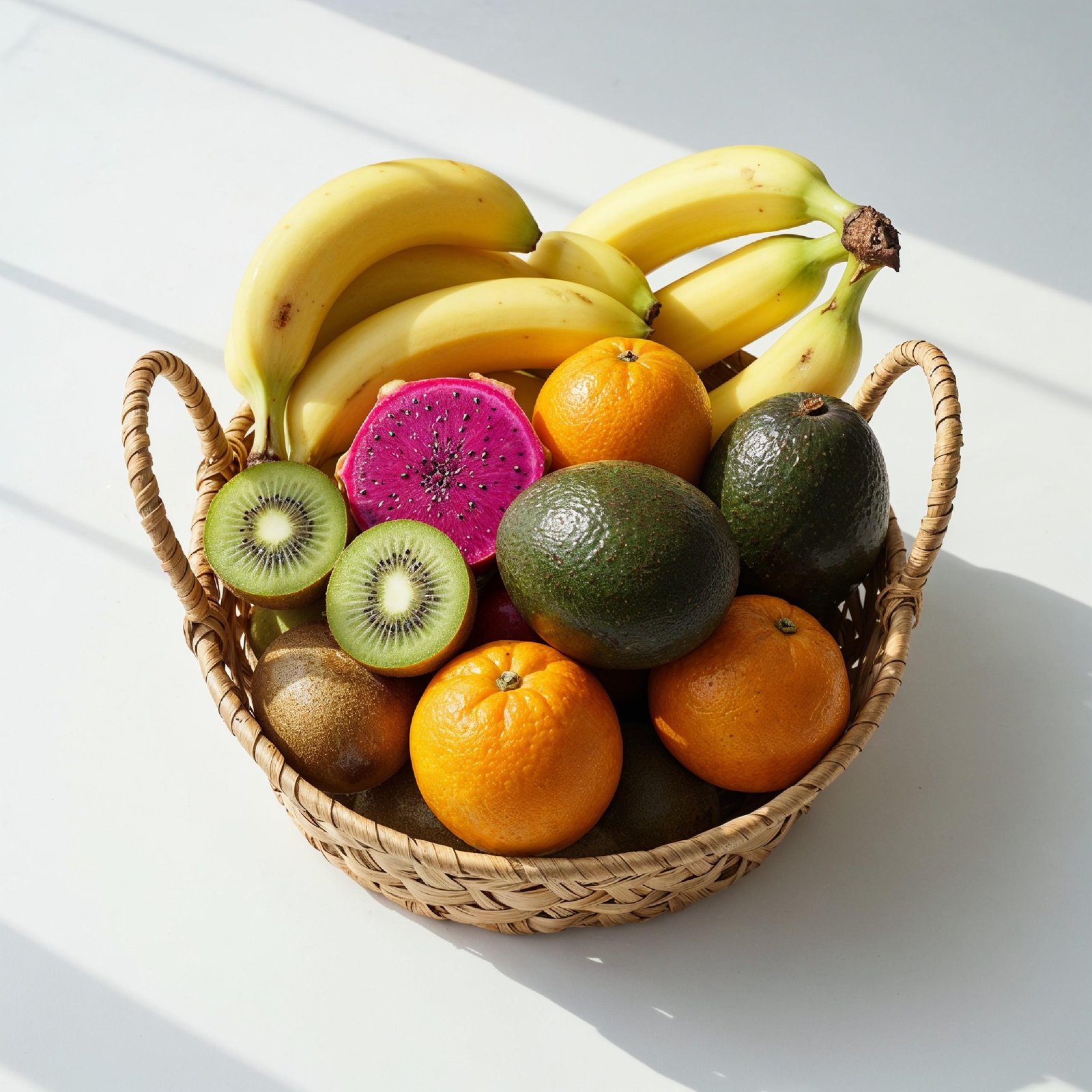 Healthy Tropical Fruit Basket with Bananas and Dragon Fruit on White Background