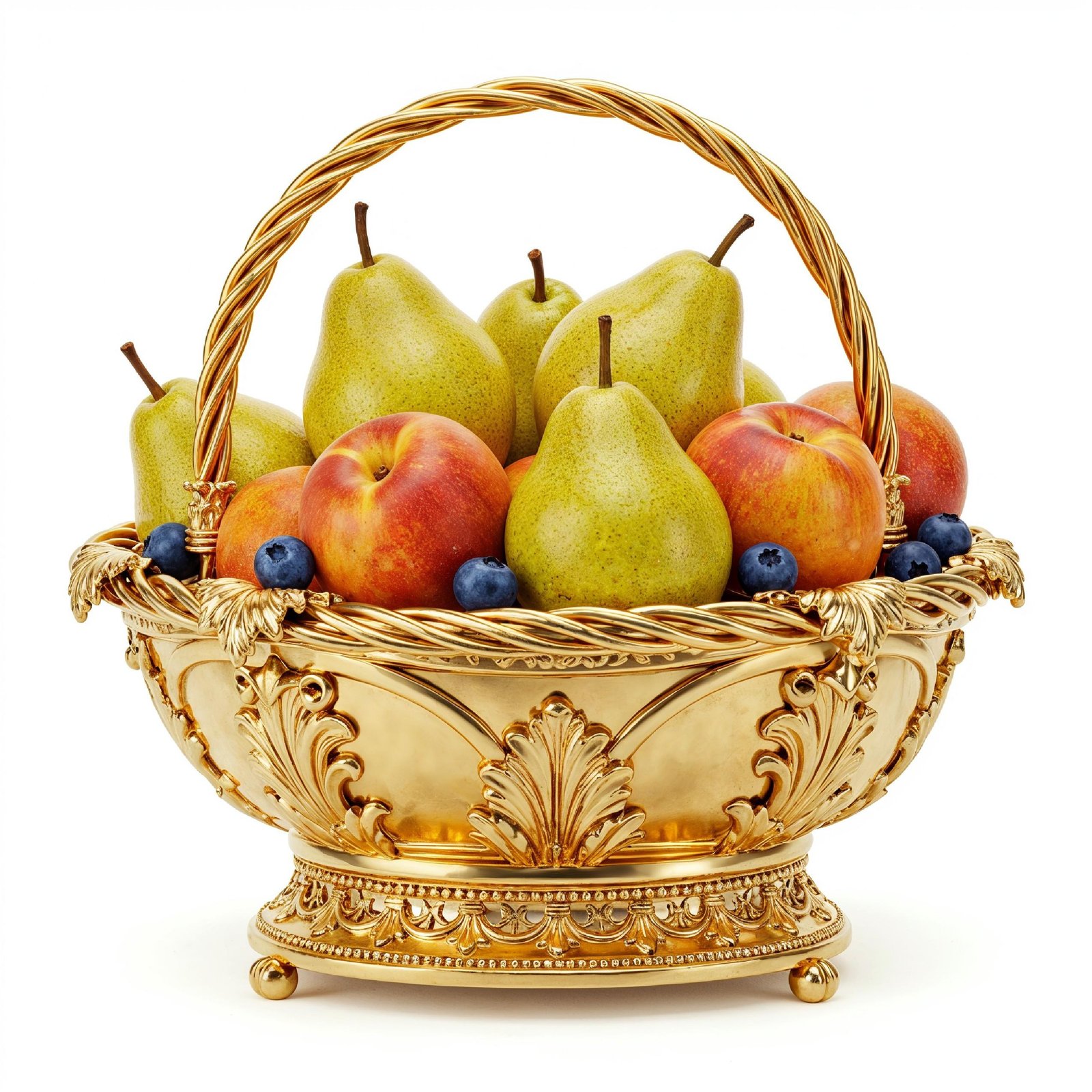 Luxury Golden Fruit Basket with Pears and Peaches Isolated on White Background
