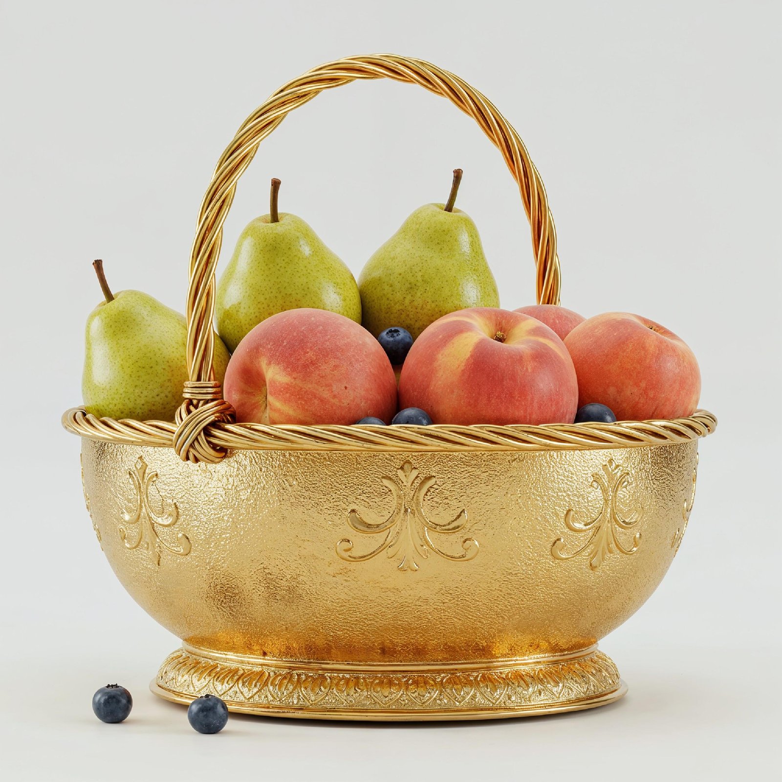 Luxury Golden Fruit Basket with Pears and Peaches Isolated on White Background