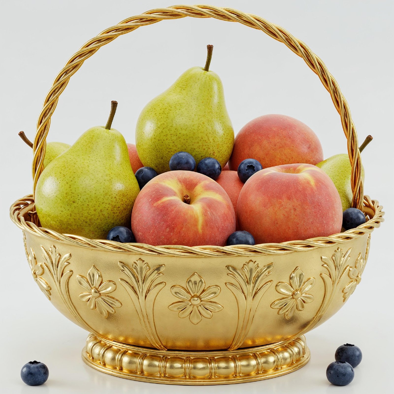 Luxury Golden Fruit Basket with Pears and Peaches Isolated on White Background
