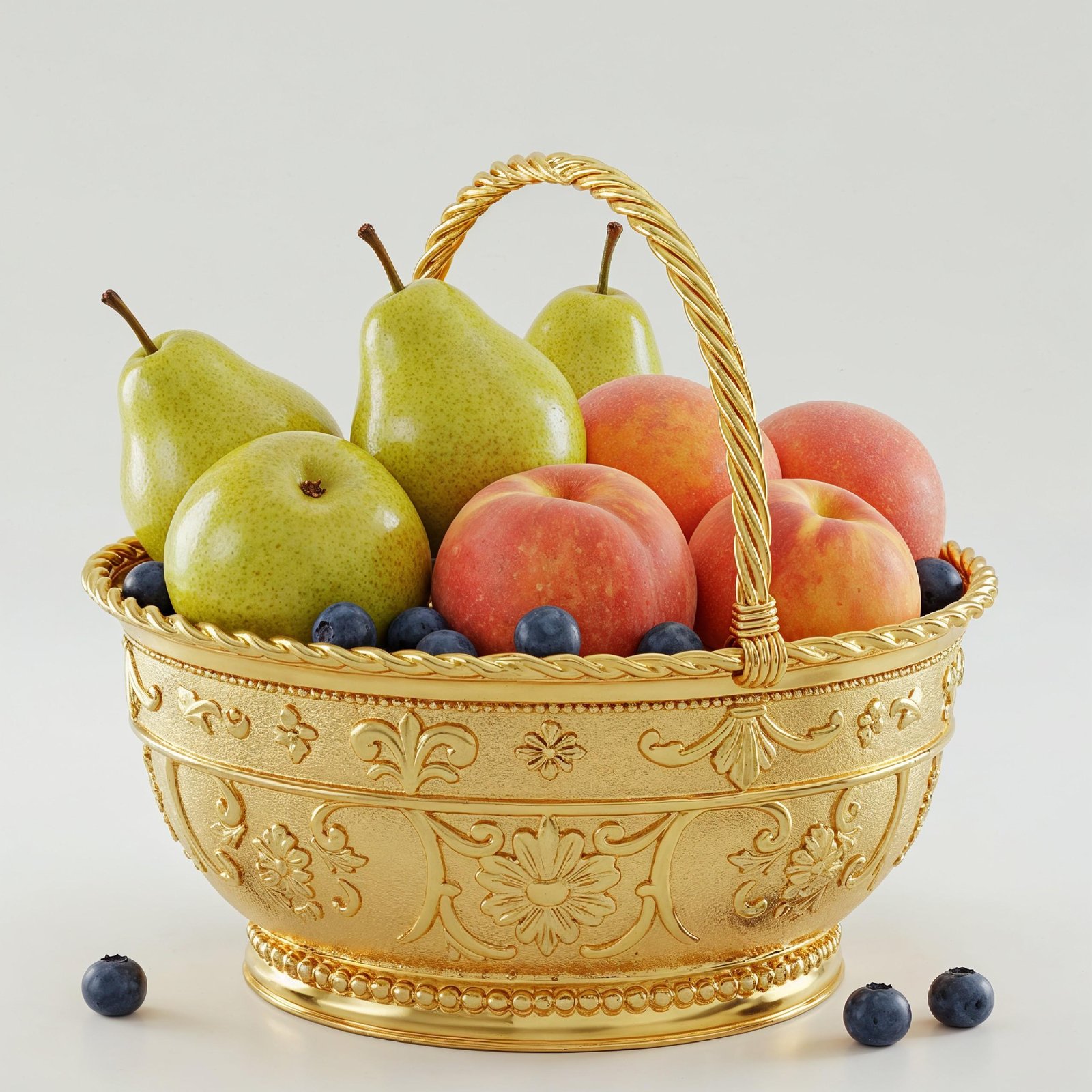 Luxury Golden Fruit Basket with Pears and Peaches Isolated on White Background