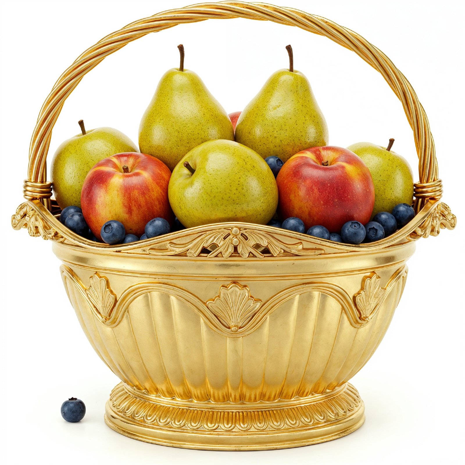 Luxury Golden Fruit Basket with Pears and Peaches Isolated on White Background