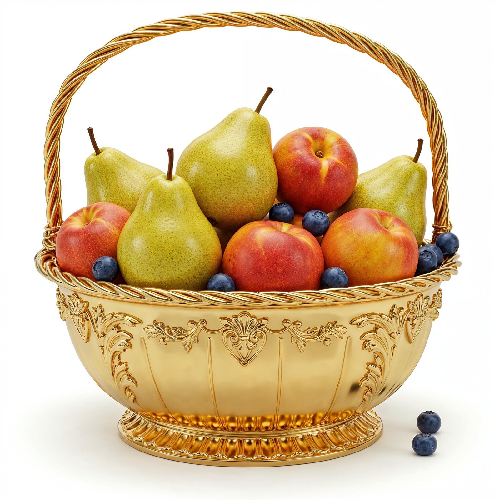 Luxury Golden Fruit Basket with Pears and Peaches Isolated on White Background