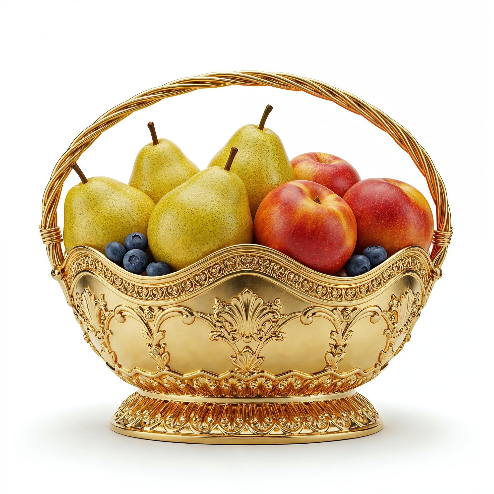 Luxury Golden Fruit Basket with Pears and Peaches Isolated on White Background