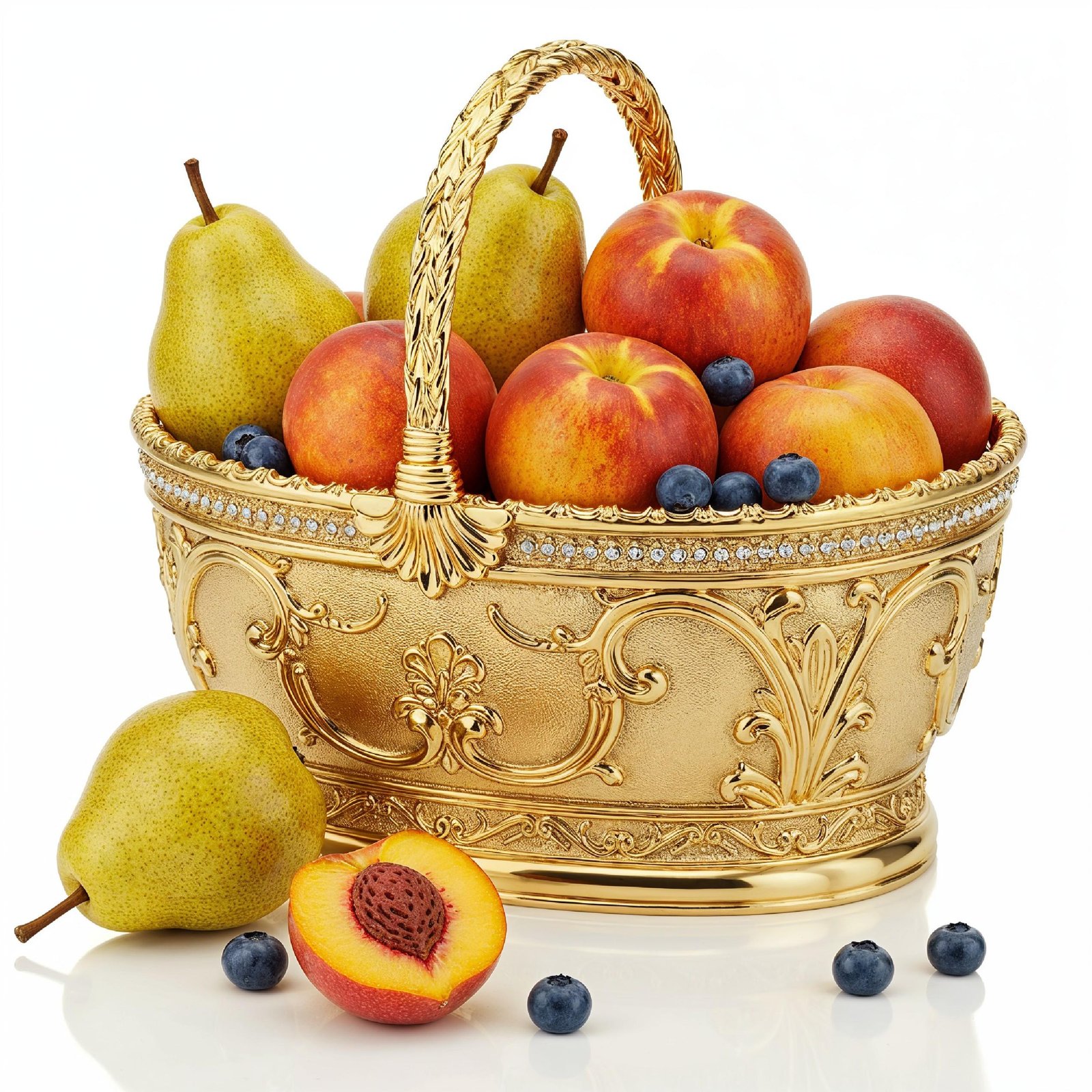 Luxury Golden Fruit Basket with Pears and Peaches Isolated on White Background