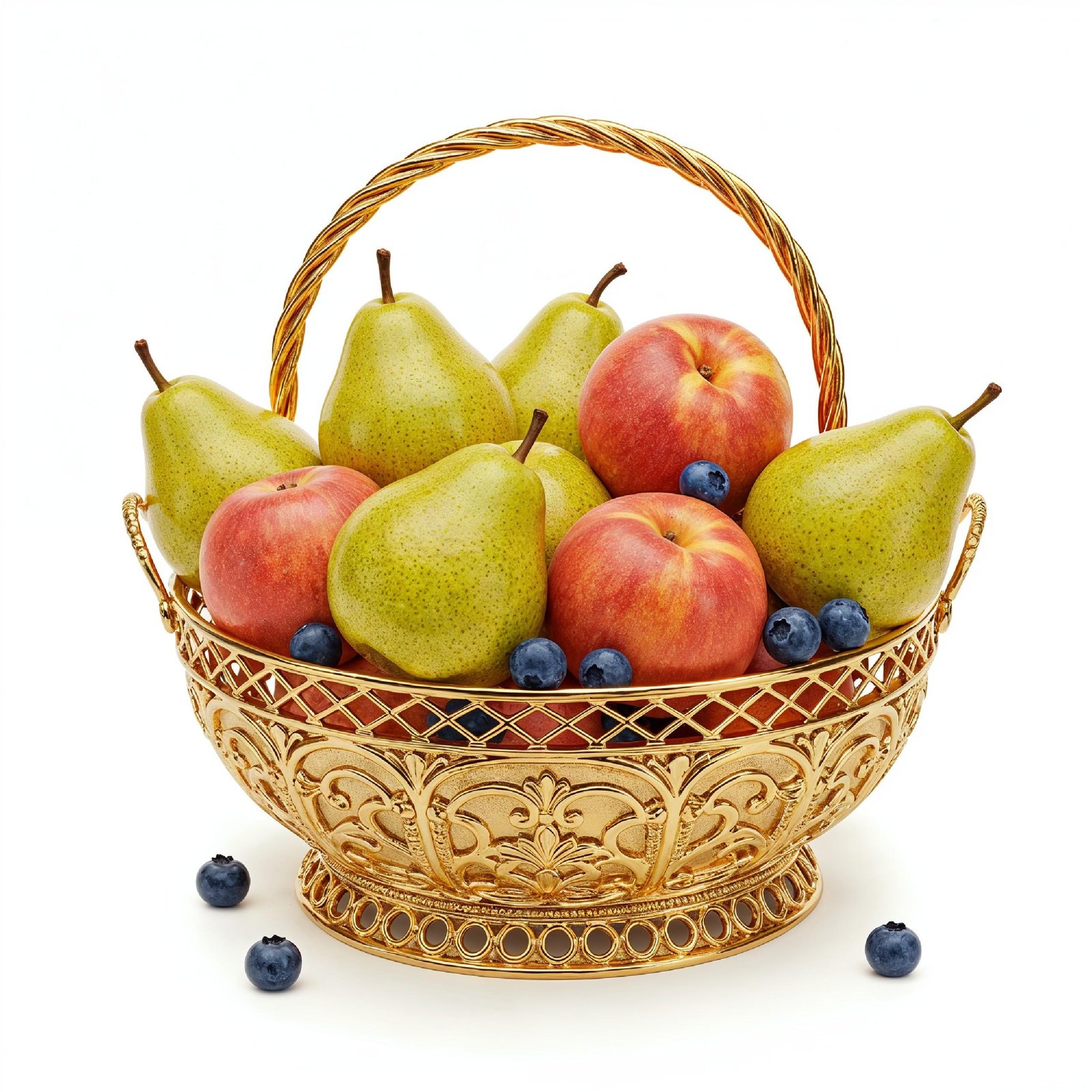 Luxury Golden Fruit Basket with Pears and Peaches Isolated on White Background