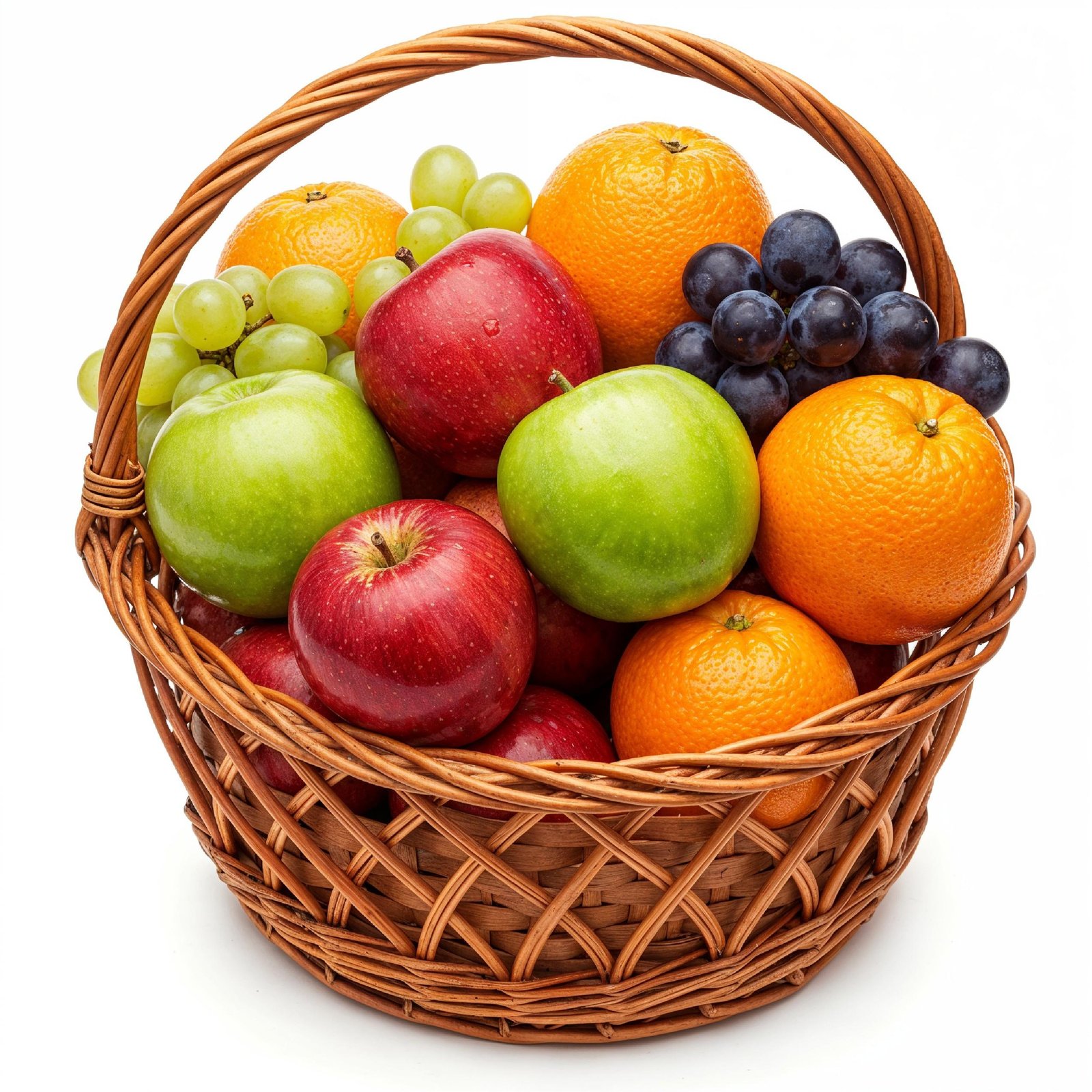 Rustic Wicker Fruit Basket with Fresh Apples, Oranges and Grapes on White Background