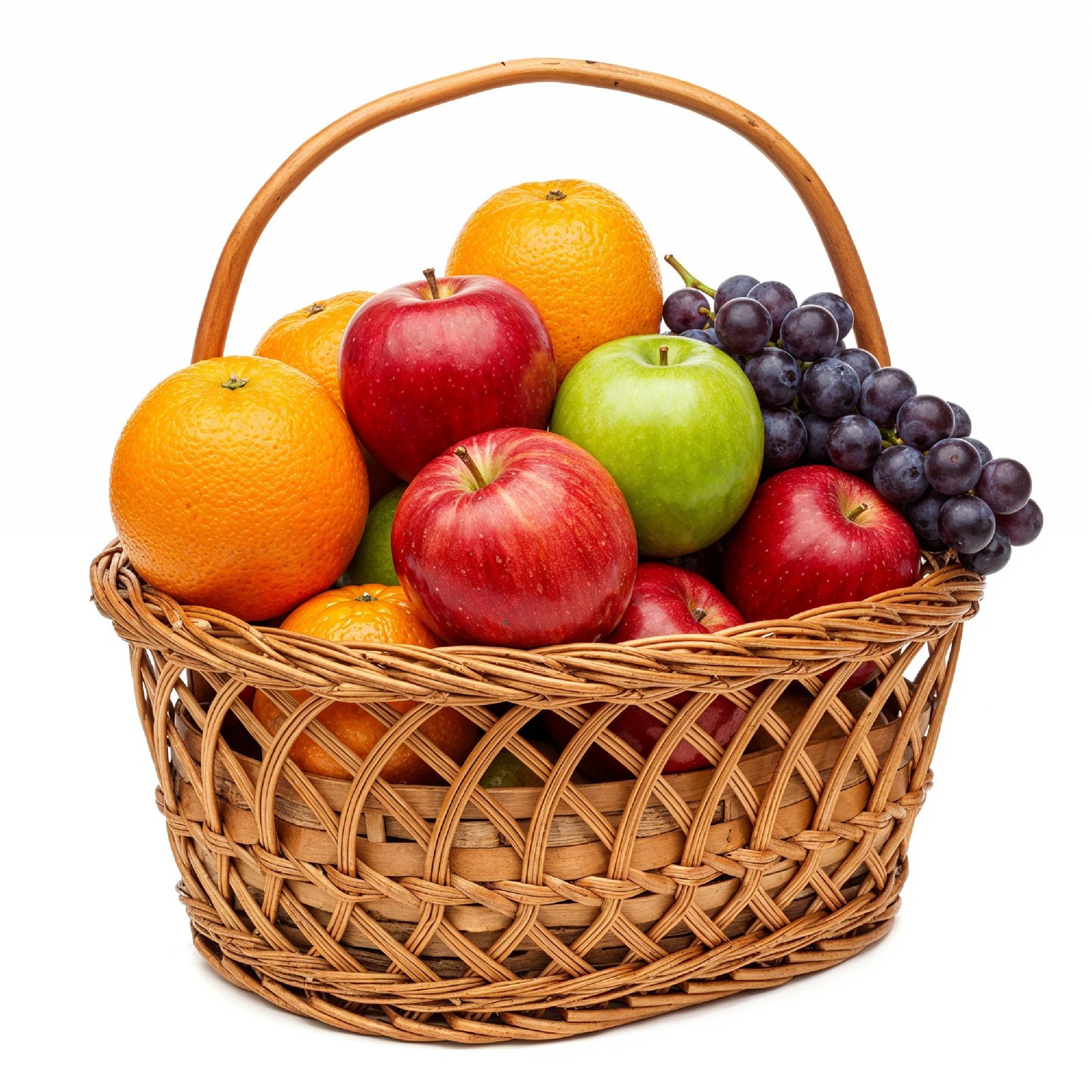 Rustic Wicker Fruit Basket with Fresh Apples, Oranges and Grapes on White Background