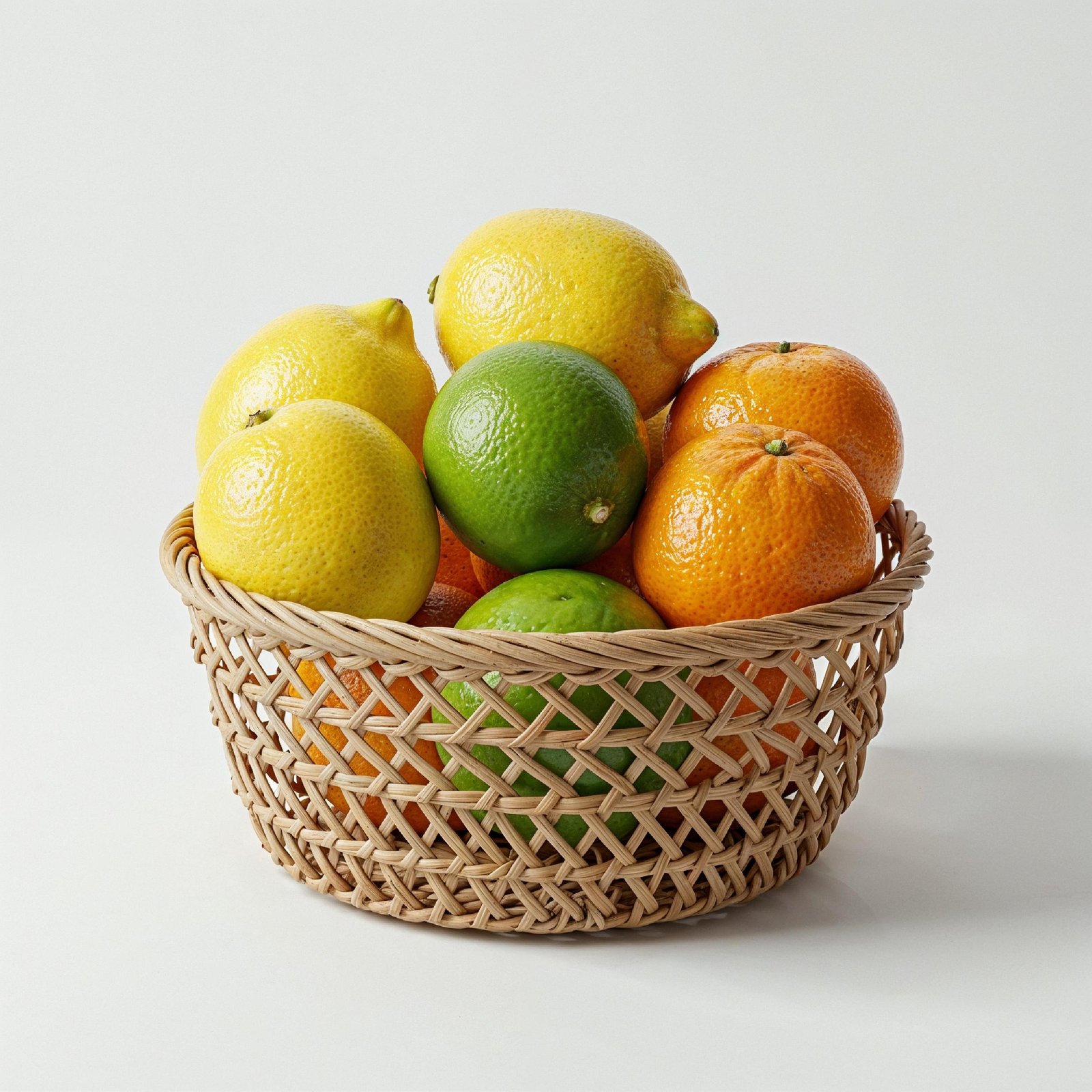 Small Wicker Basket Filled with Fresh Citrus Fruits Isolated on White Background