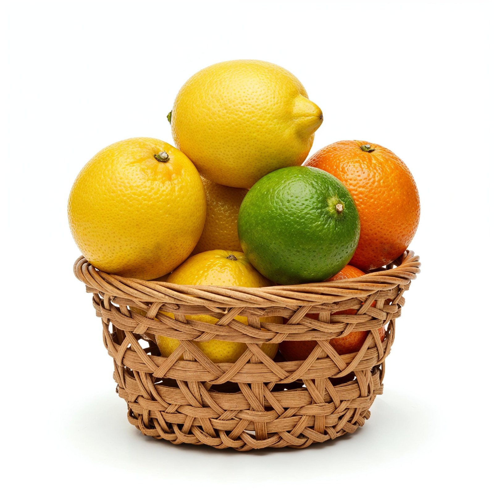 Small Wicker Basket Filled with Fresh Citrus Fruits Isolated on White Background