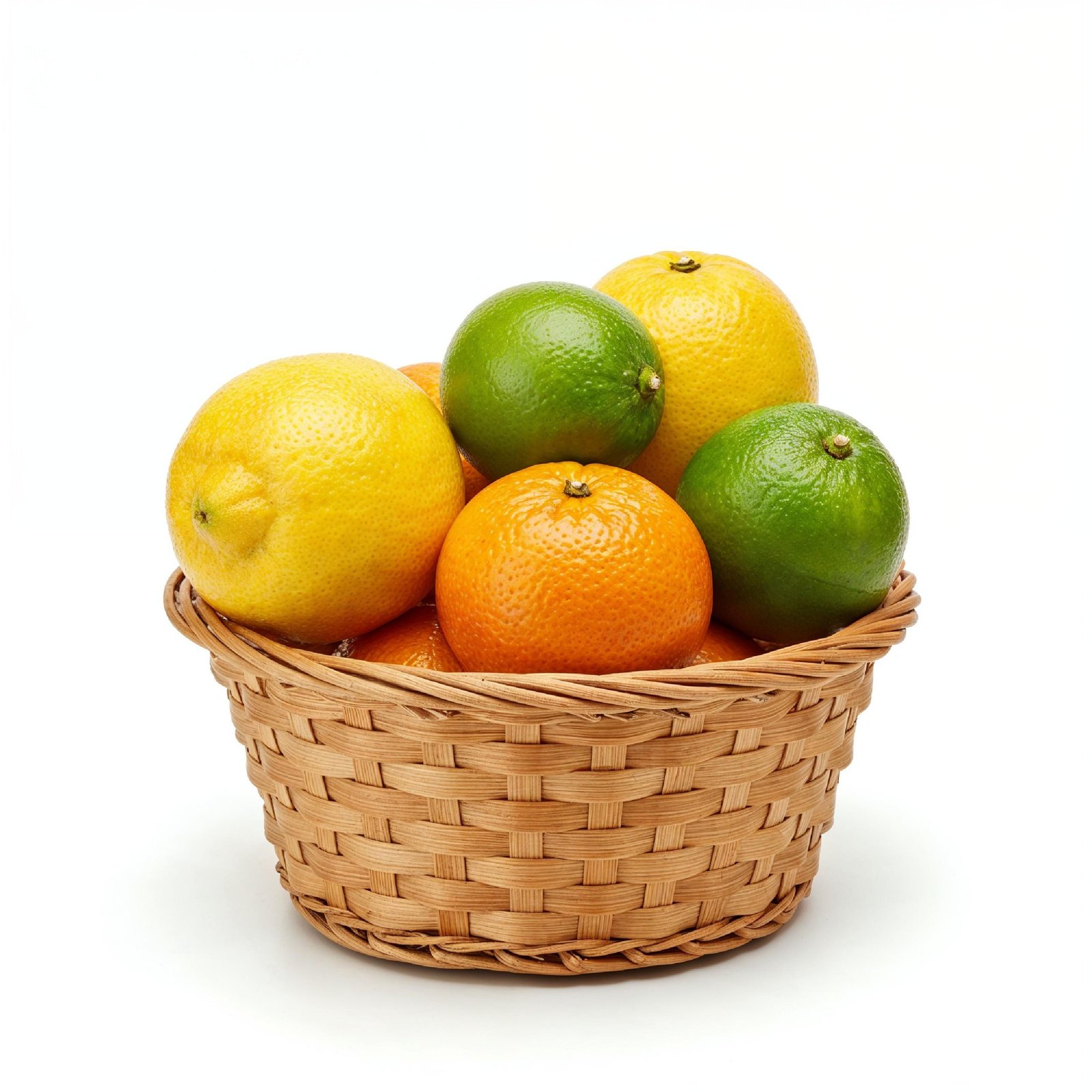 Small Wicker Basket Filled with Fresh Citrus Fruits Isolated on White Background