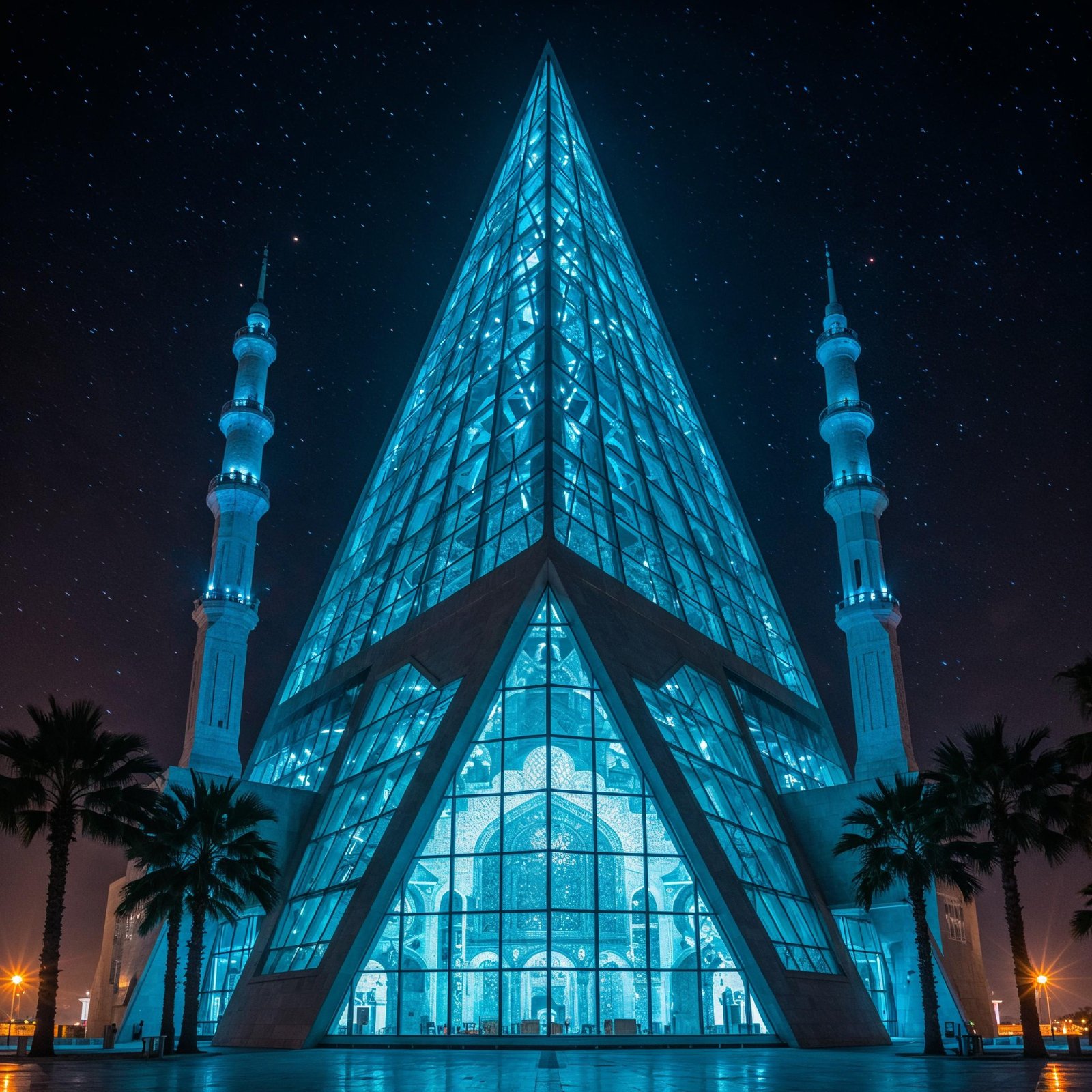 Futuristic Islamic Mosque with Glowing Blue Architecture and Modern Night Cityscape