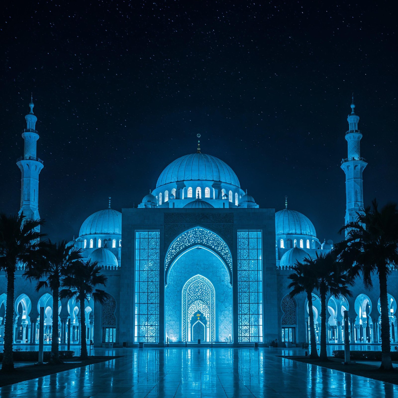 Futuristic Islamic Mosque with Glowing Blue Architecture and Modern Night Cityscape