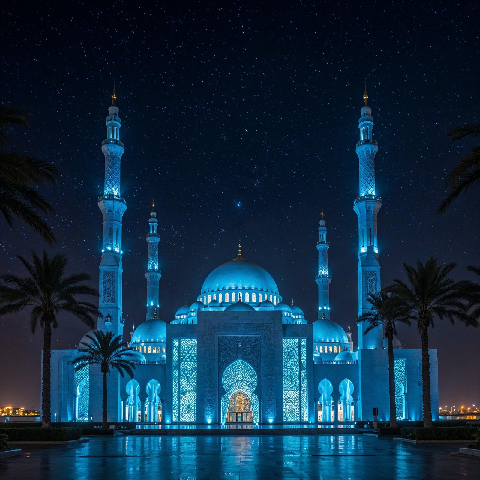 Futuristic Islamic Mosque with Glowing Blue Architecture and Modern Night Cityscape