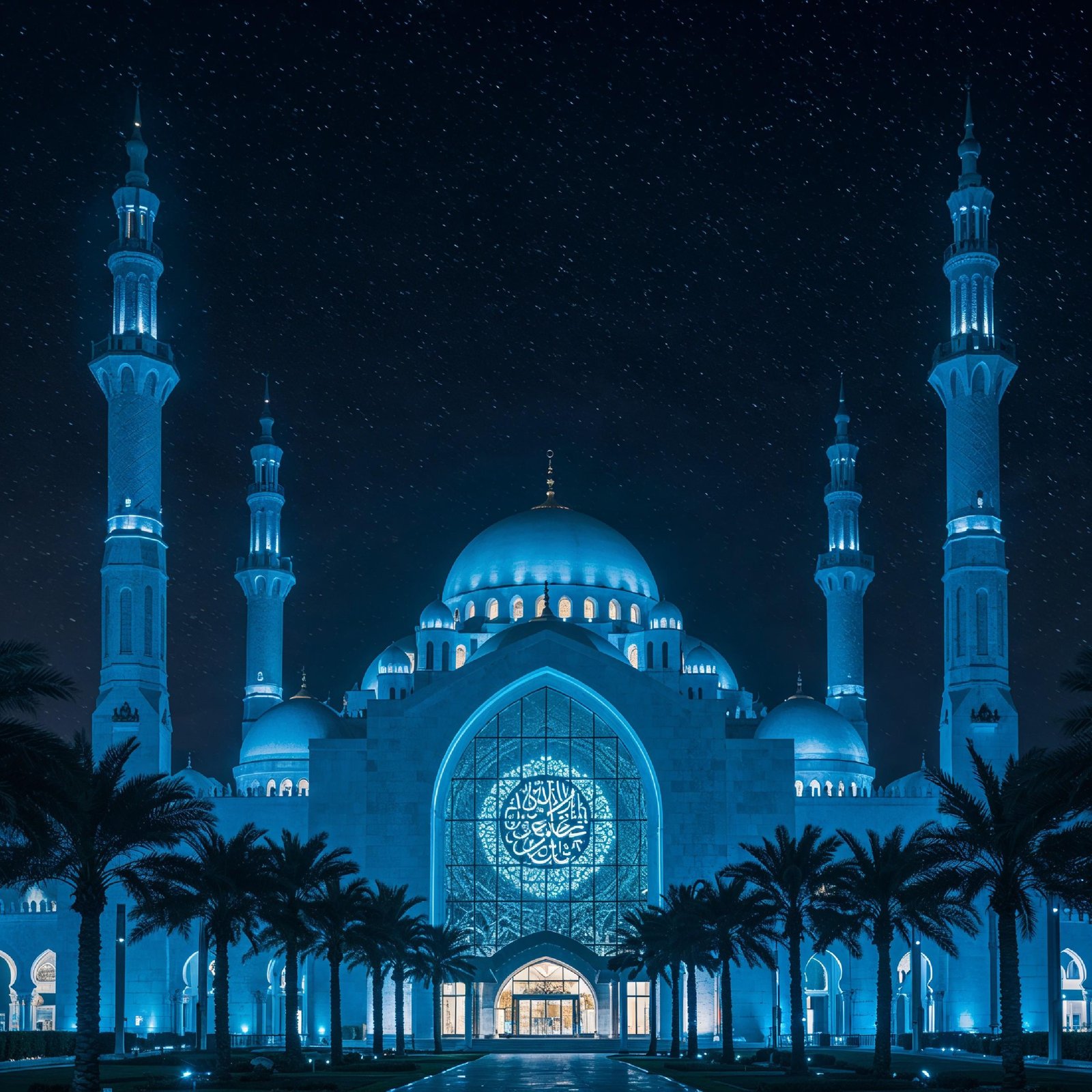 Futuristic Islamic Mosque with Glowing Blue Architecture and Modern Night Cityscape