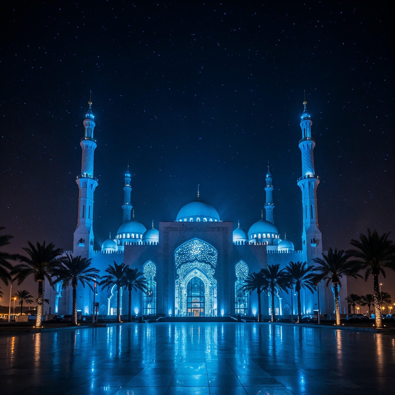 Futuristic Islamic Mosque with Glowing Blue Architecture and Modern Night Cityscape