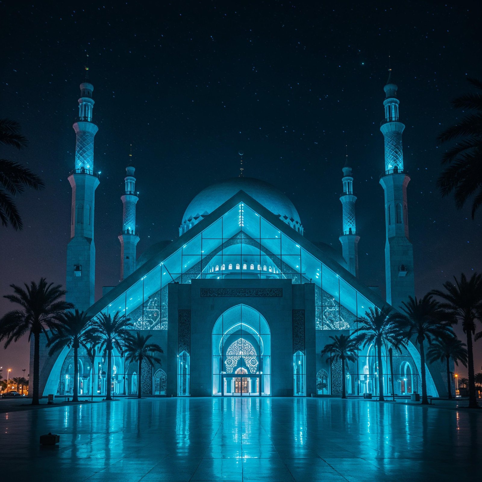 Futuristic Islamic Mosque with Glowing Blue Architecture and Modern Night Cityscape