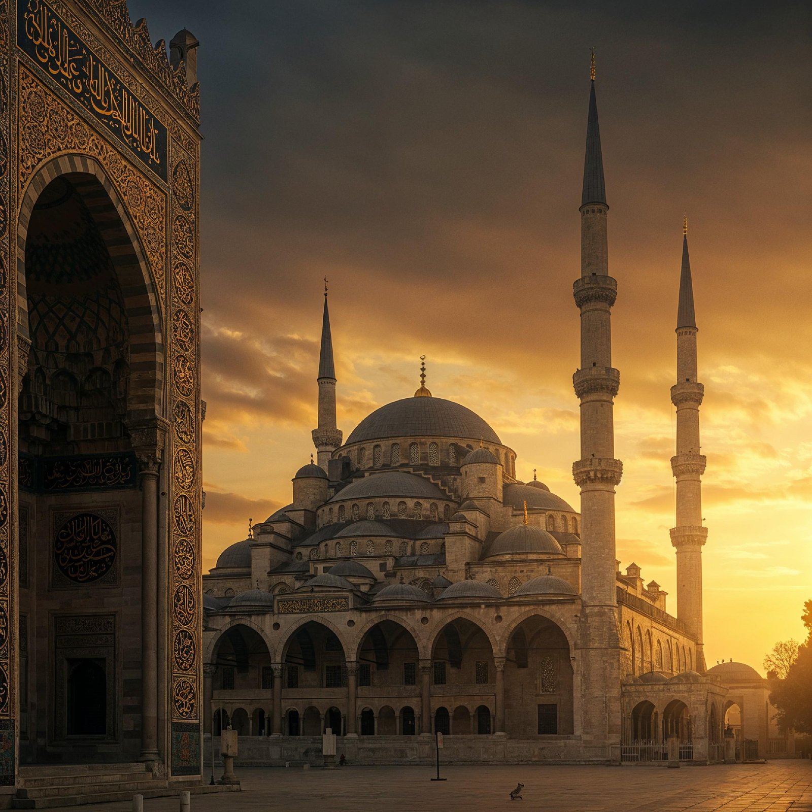 Magnificent Ottoman Style Mosque with Grand Domes and Minarets at Golden Sunset
