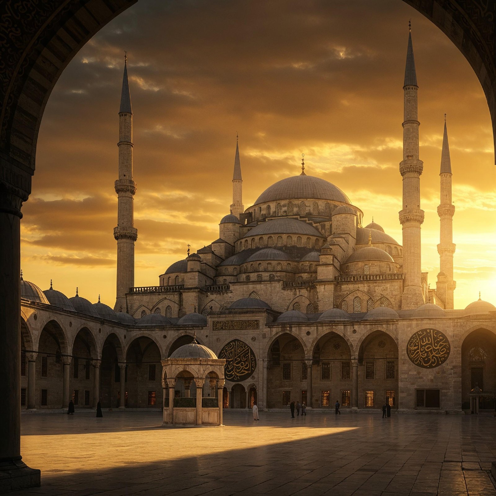 Magnificent Ottoman Style Mosque with Grand Domes and Minarets at Golden Sunset