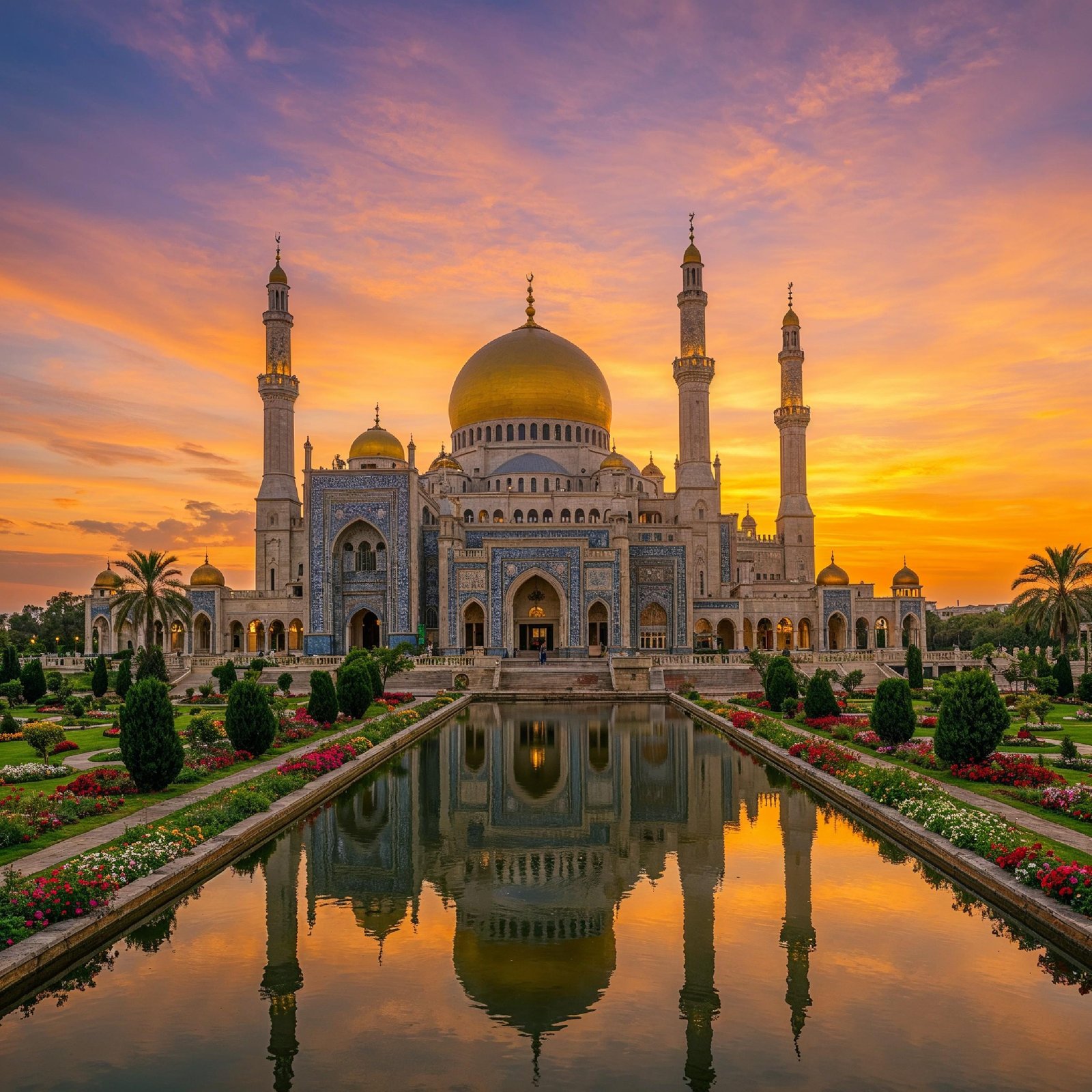 Majestic Golden Domed Islamic Mosque with Reflection at Dramatic Sunset Landscape