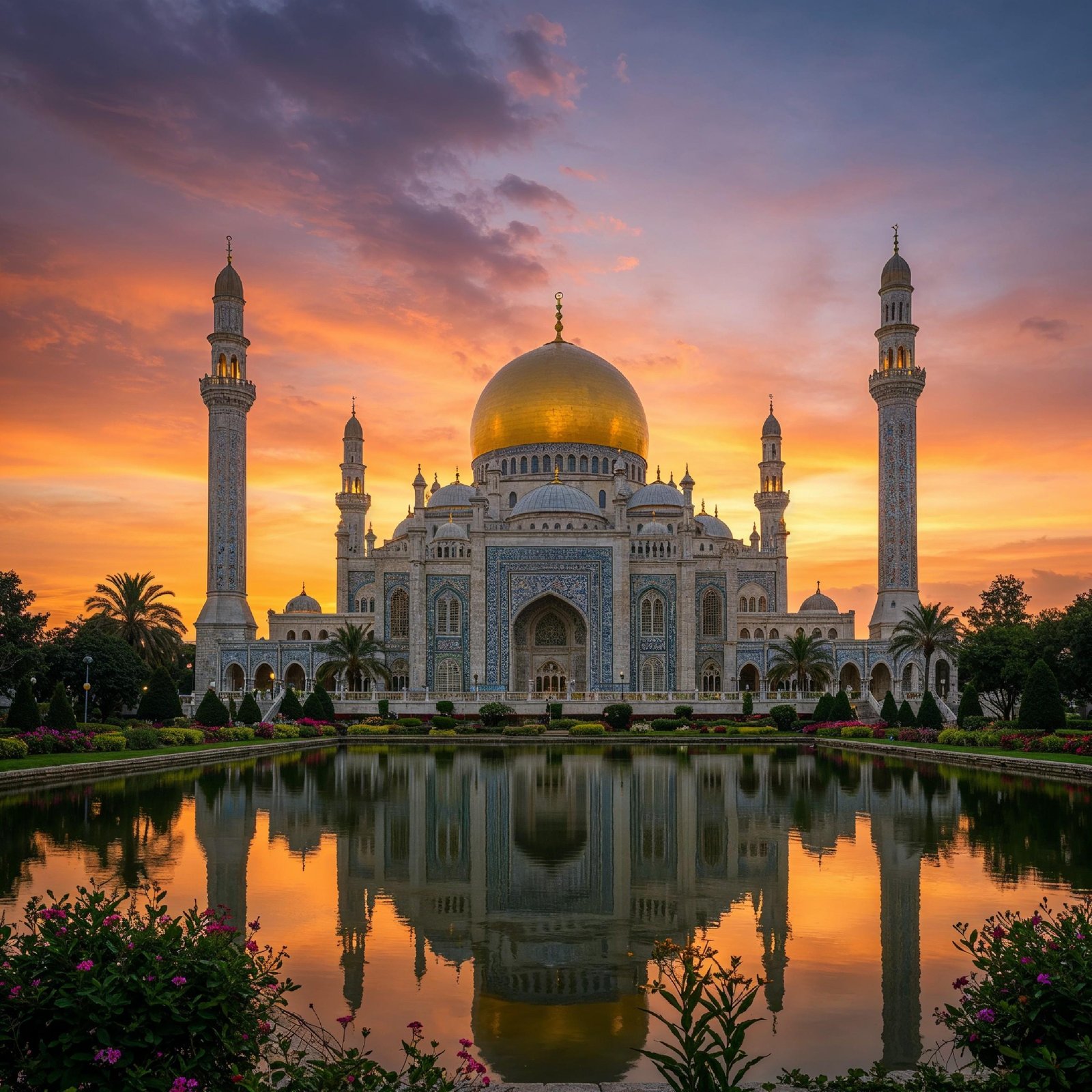 Majestic Golden Domed Islamic Mosque with Reflection at Dramatic Sunset Landscape