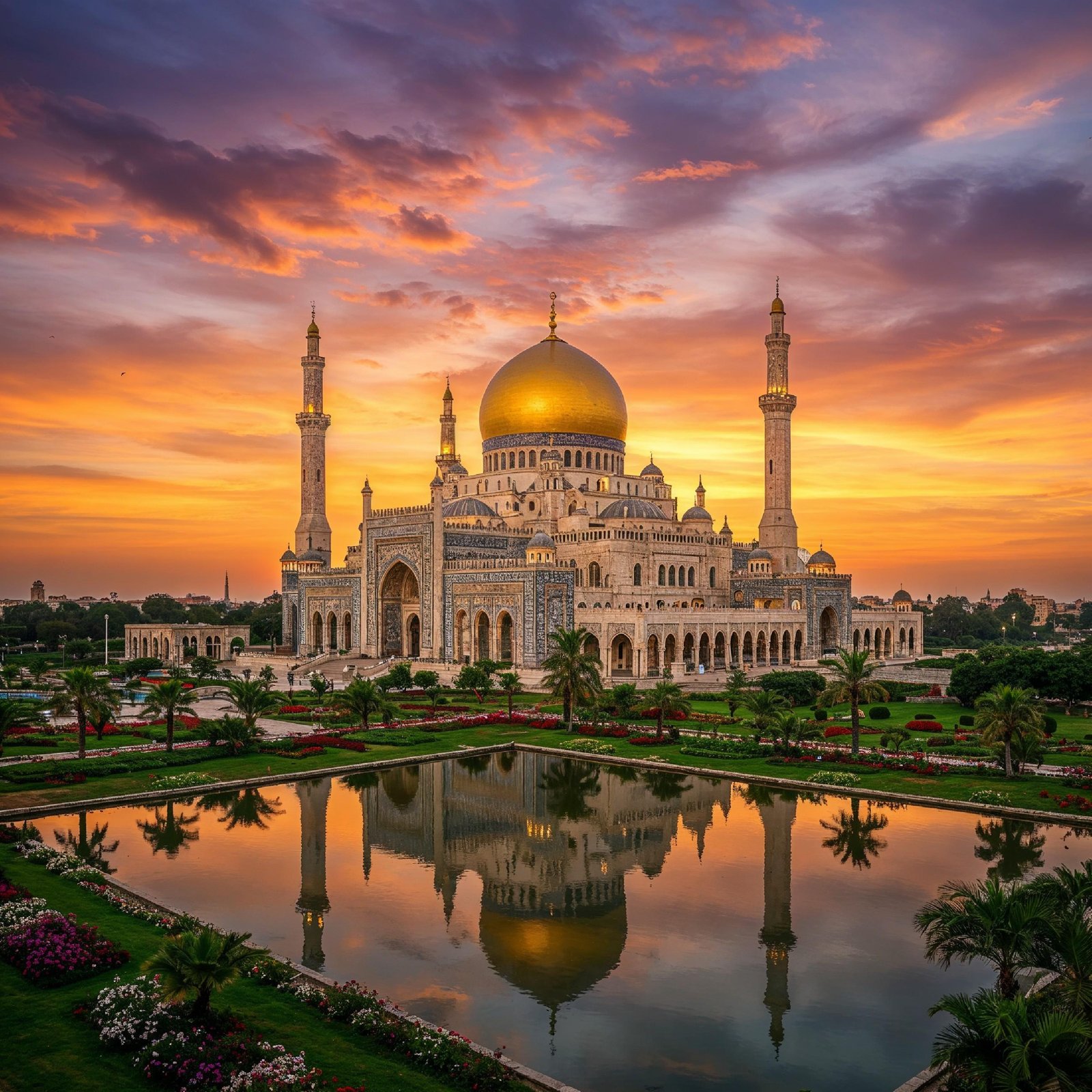 Majestic Golden Domed Islamic Mosque with Reflection at Dramatic Sunset Landscape