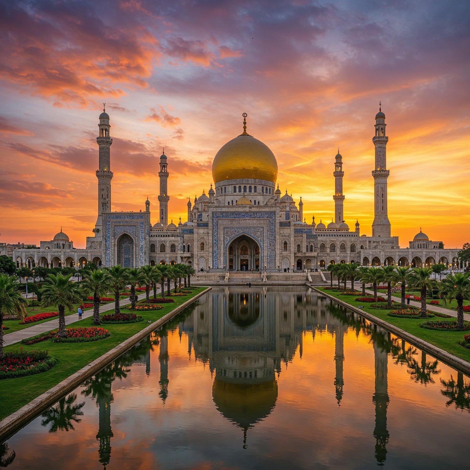 Majestic Golden Domed Islamic Mosque with Reflection at Dramatic Sunset Landscape