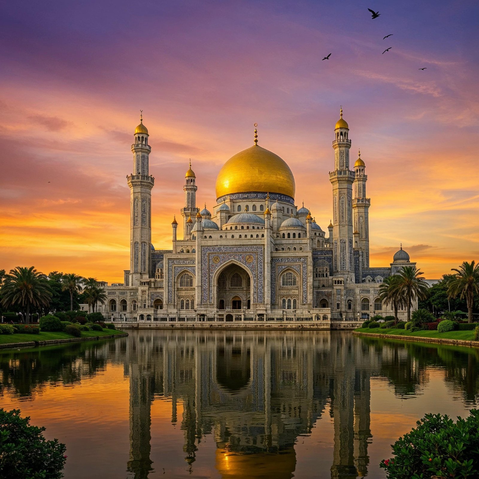 Majestic Golden Domed Islamic Mosque with Reflection at Dramatic Sunset Landscape
